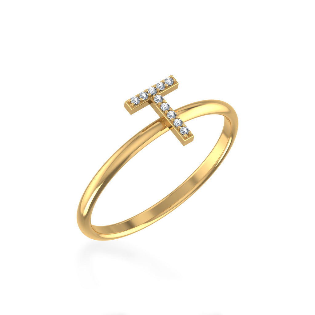 10K Yellow Gold Womens Round Diamond T Initial Letter Ring 1/25 Cttw crafted in yellow gold with natural diamonds