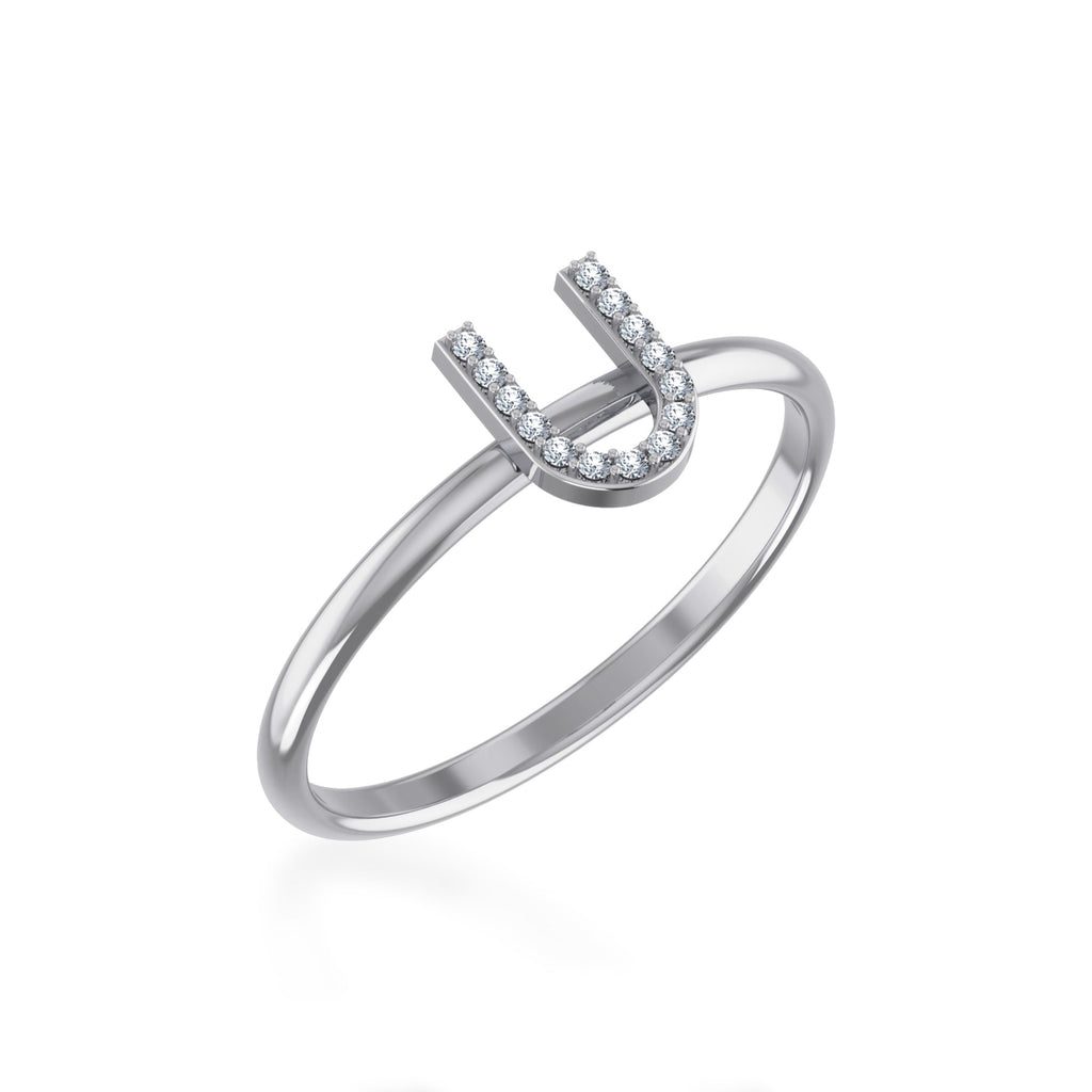 10K White Gold Womens Round Diamond U Initial Letter Ring 1/25 Cttw