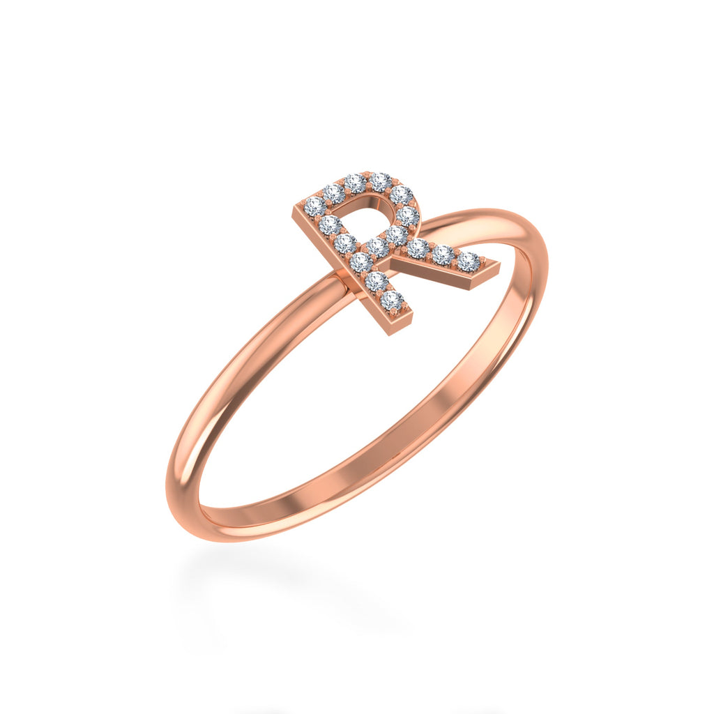 10K Rose Gold Womens Round Diamond R Initial Letter Ring 1/25 Cttw crafted in 18K gold with natural diamonds