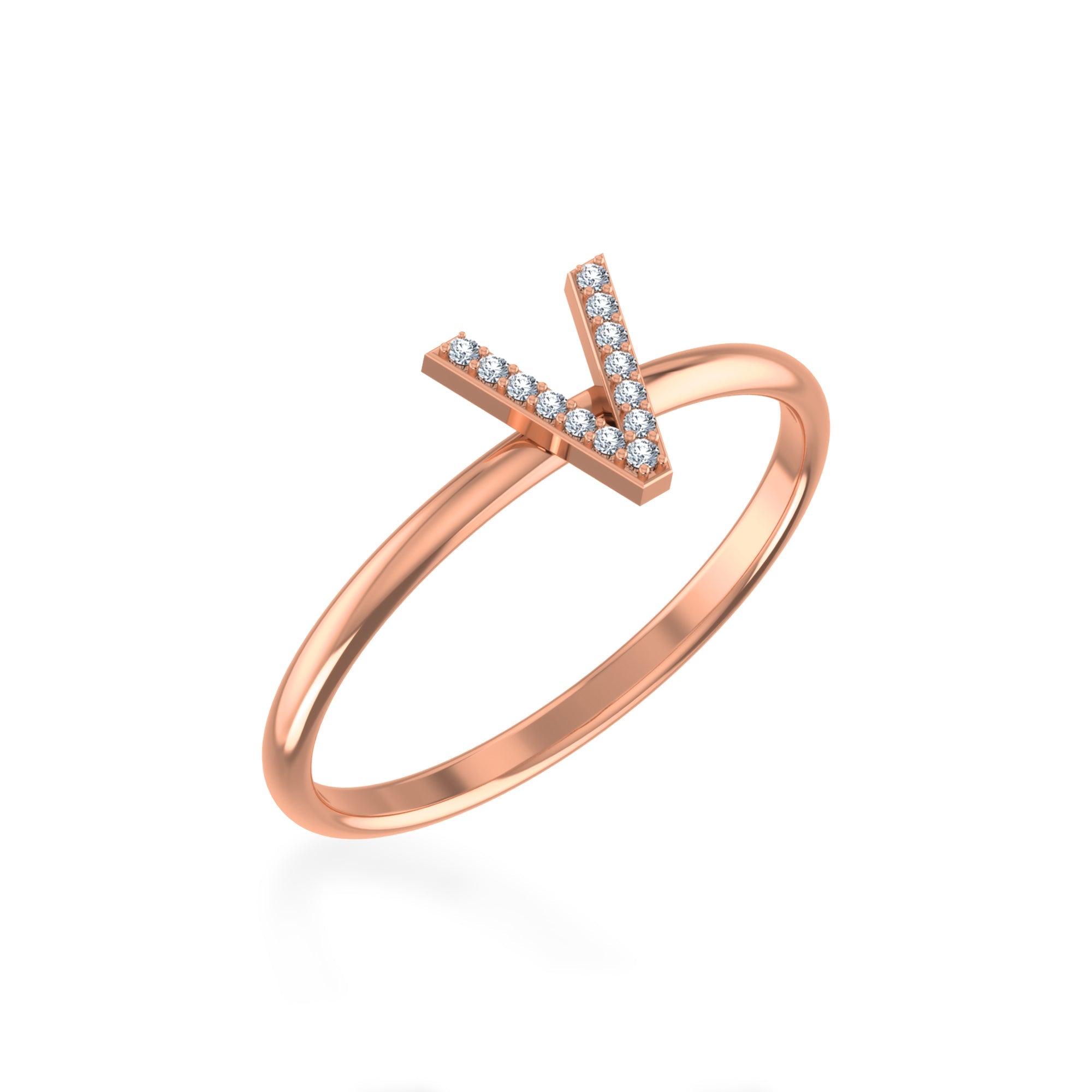 10K Rose Gold Womens Round Diamond V Initial Letter Ring 1/25 Cttw crafted in rose gold with round brilliant diamonds