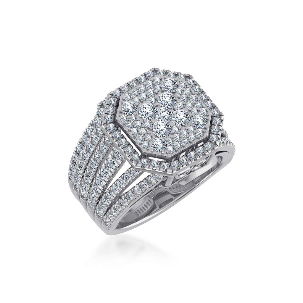 10K White Gold Round Diamond Halo Big Bridal Cluster Ring 2-1/6 Cttw