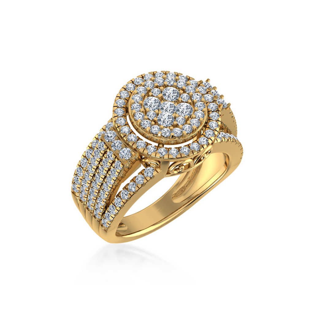 10K Yellow Gold Round Diamond Halo Big Bridal Cluster Ring 1-5/8 Cttw