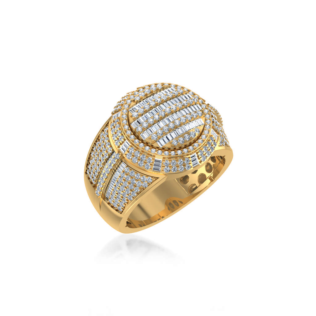 10K Yellow Gold Round Baguette Diamond Halo Big Mens Ring 2 Cttw