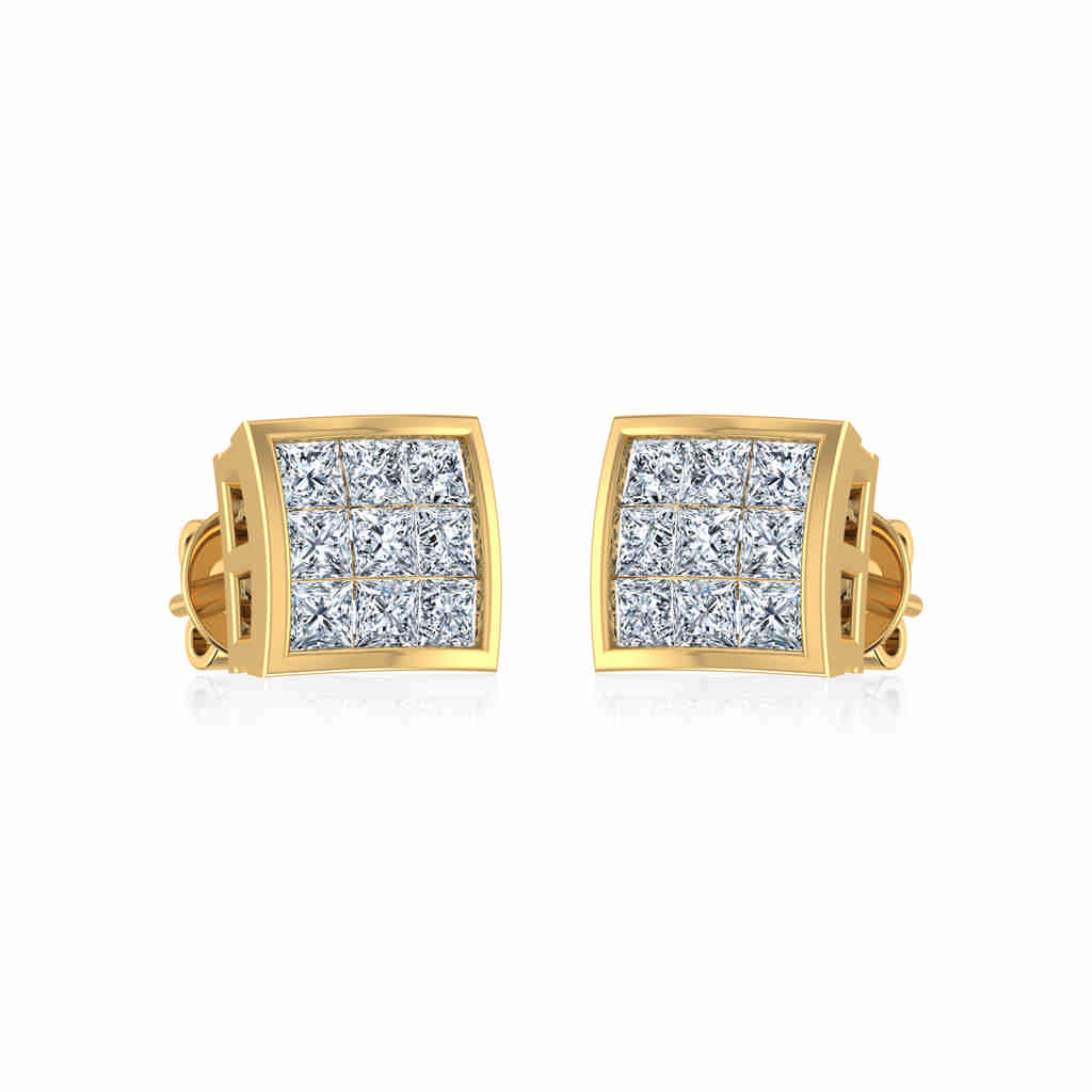 10K Yellow Gold Princess Cut Diamond Square Mens Stud Earrings 1/4 Cttw crafted in white gold with round brilliant diamonds