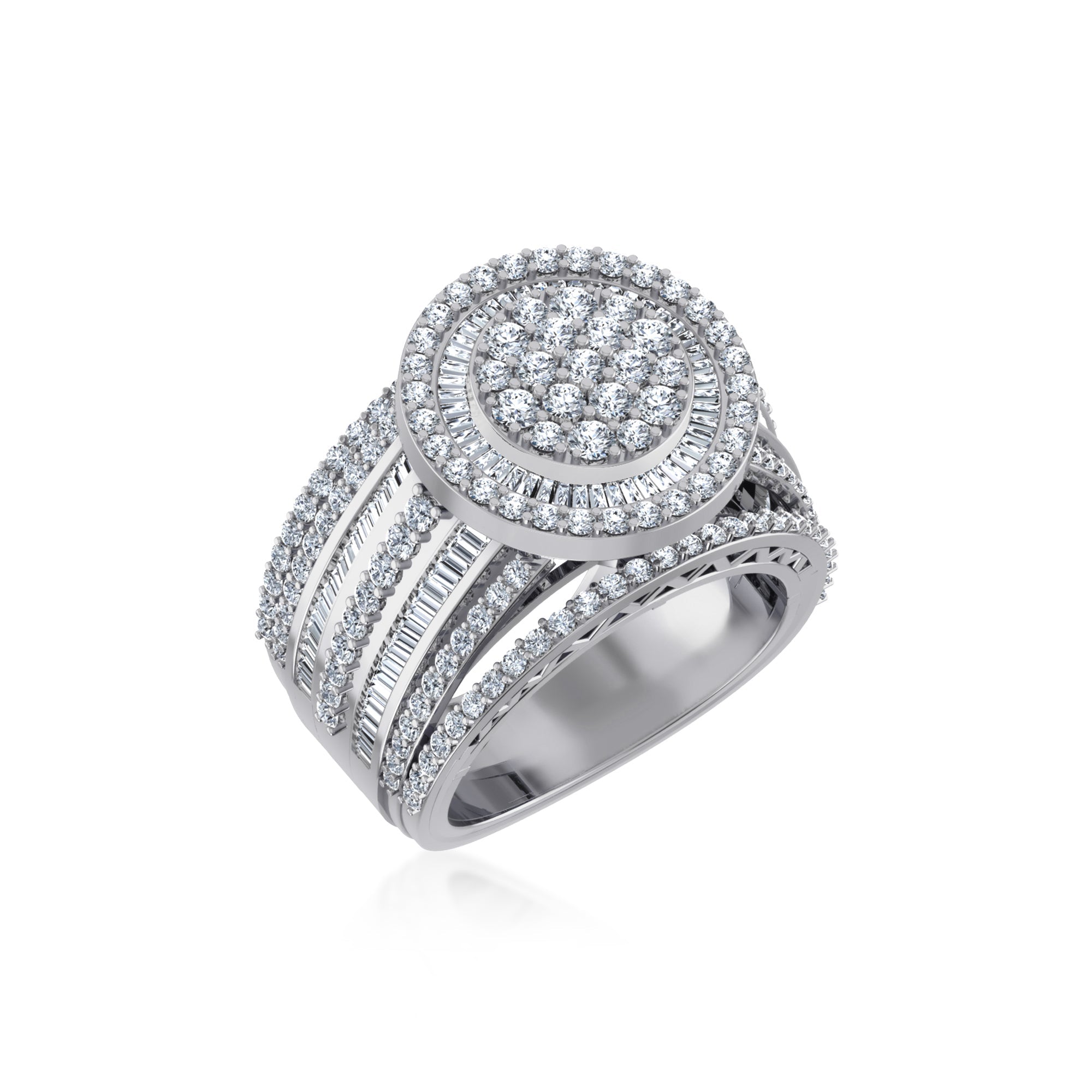 10K White Gold Round Baguette Diamond Designer Sz 7 Head Ladies Ring 2-1/3 Cttw crafted in white gold with round brilliant diamonds