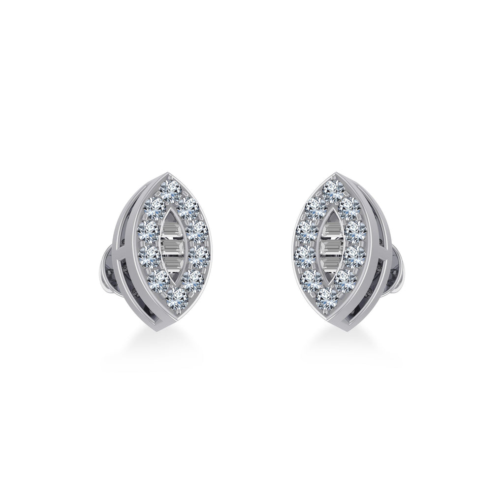 10K White Gold Baguette Diamond Marquise Shape Stud Earring 1/8 Cttw crafted in yellow gold with round brilliant diamonds