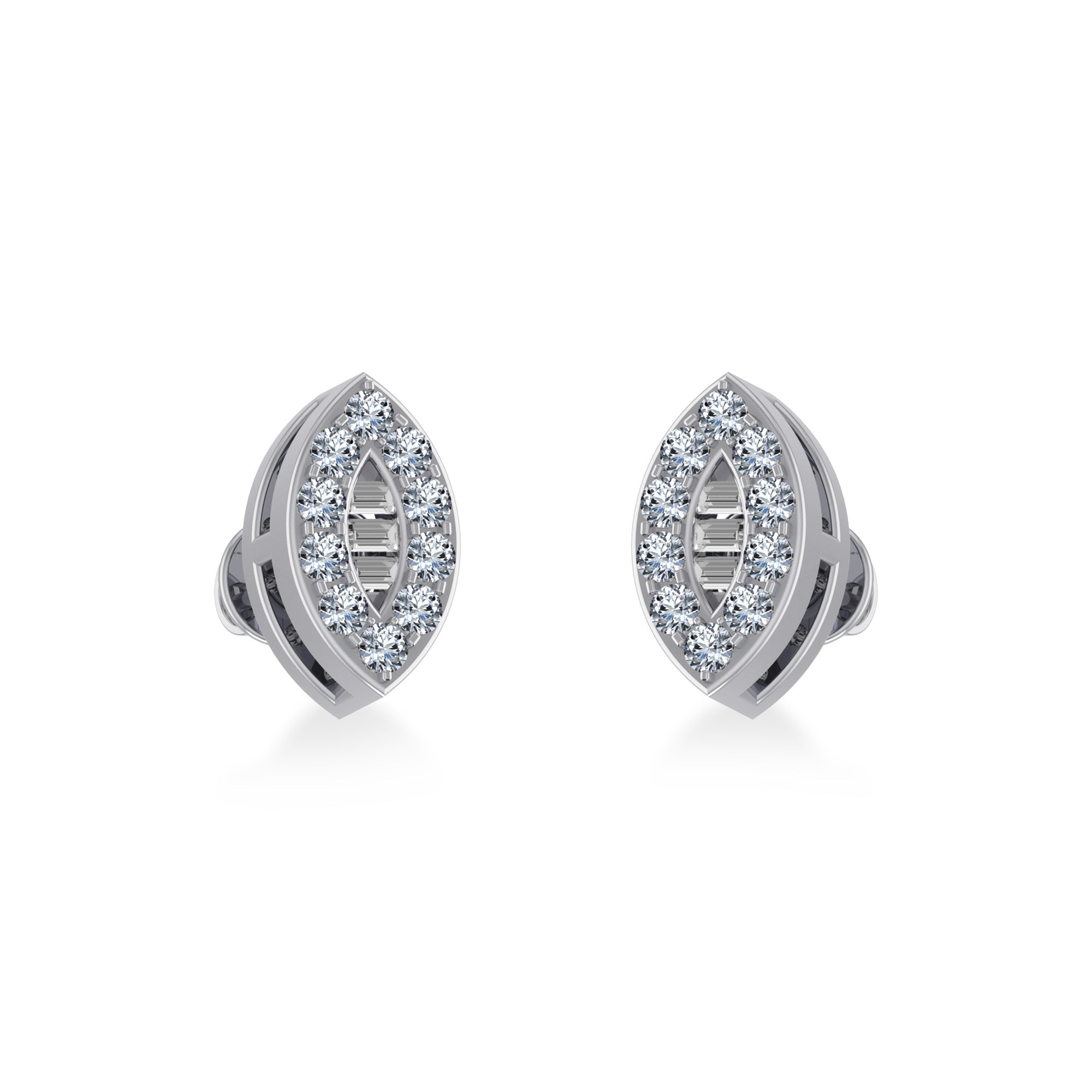 10K White Gold Baguette Diamond Marquise Shape Stud Earring 1/8 Cttw crafted in yellow gold with round brilliant diamonds