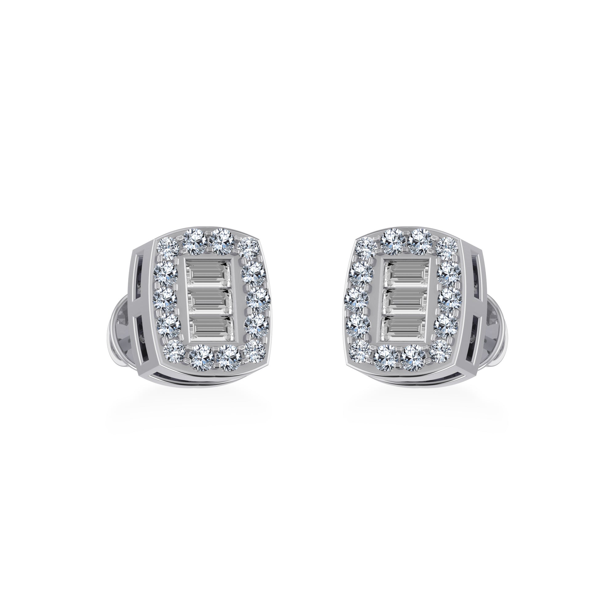 10K White Gold Round Baguette Diamond Square Shape Stud Earrings 1/5 Cttw