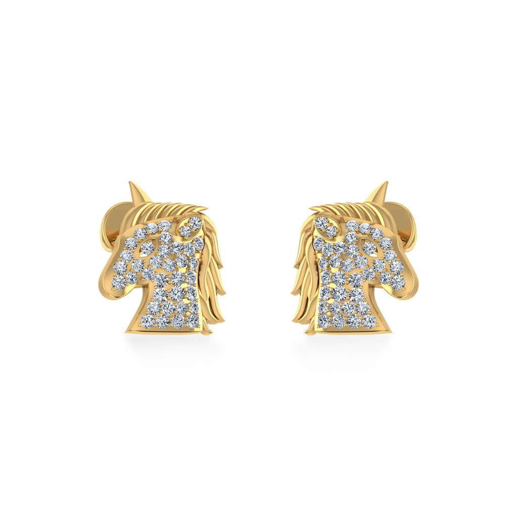 10K Yellow Gold Round Diamond Horse Animal Designer Stud Earring 1/5 Cttw