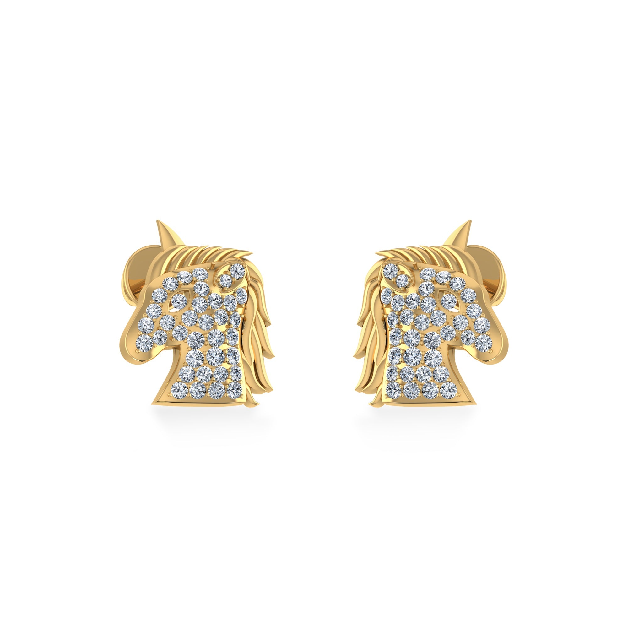 10K Yellow Gold Round Diamond Horse Animal Designer Stud Earring 1/5 Cttw