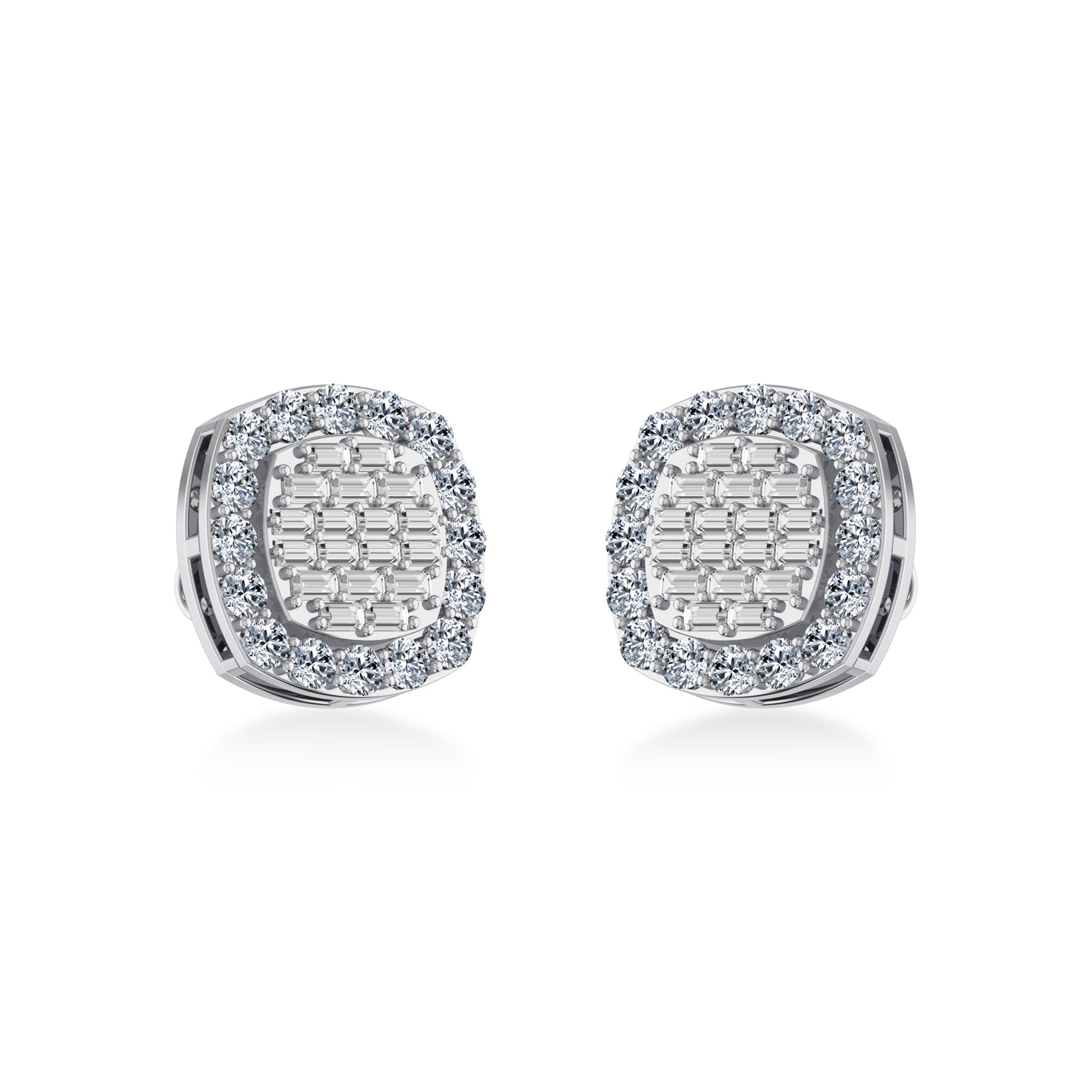 10K White Gold Round Baguette Diamond Stud Earring 1 Cttw