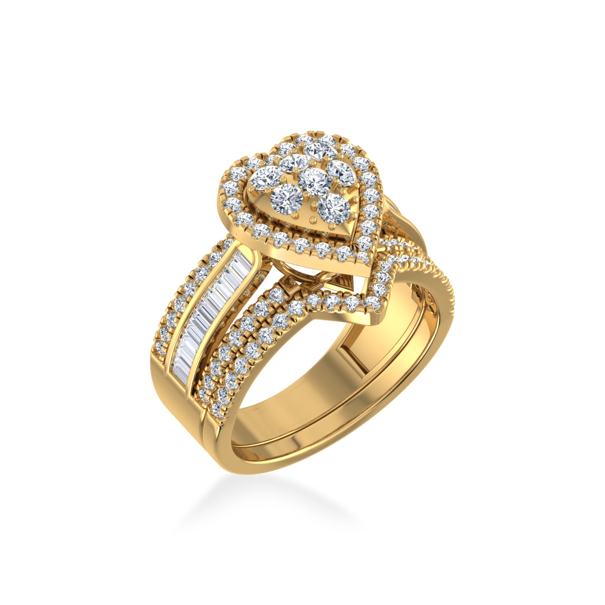 10K Yellow Gold Round Baguette Diamond Womens Heart Shape Designer Bridal Ring 1-1/6 Cttw crafted in 18K gold with brilliant-cut diamonds