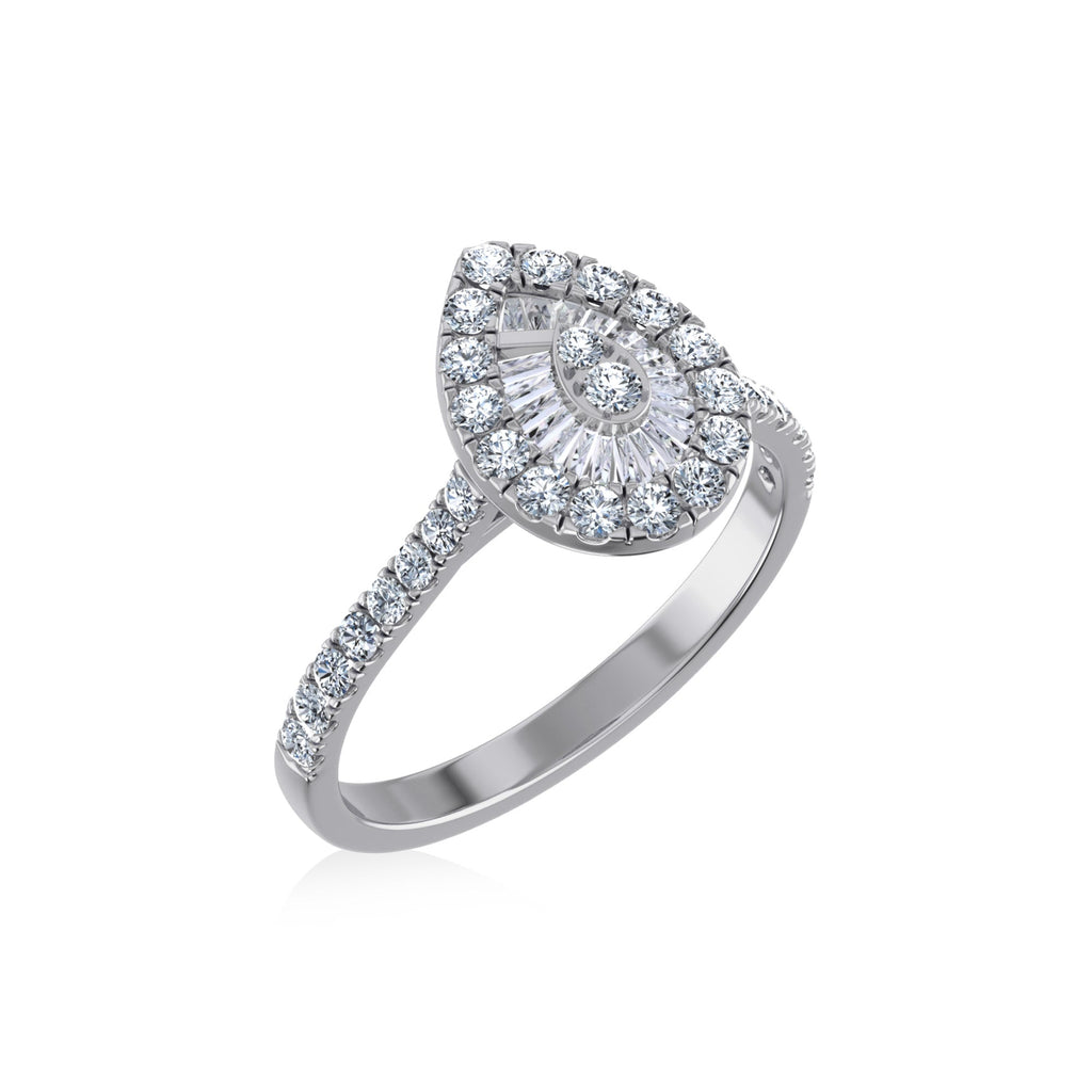 14K White Gold Round Baguette Diamond Pear Shape Womens Designer Ring 3/4 Cttw crafted in white gold with natural diamonds