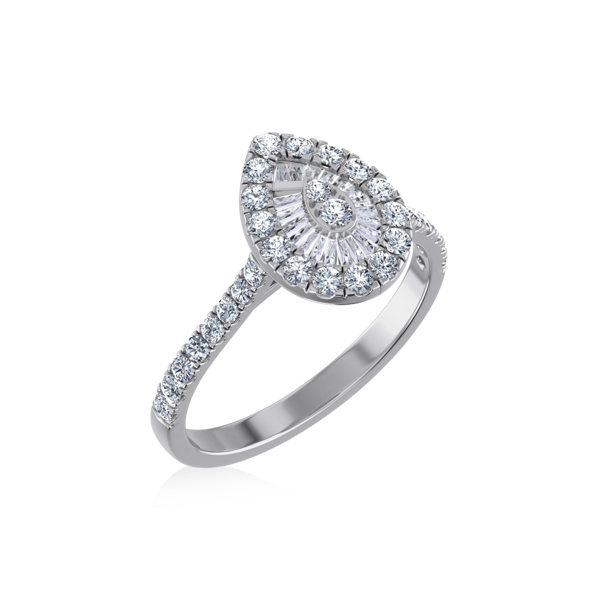 14K White Gold Round Baguette Diamond Pear Shape Womens Designer Ring 3/4 Cttw crafted in white gold with natural diamonds