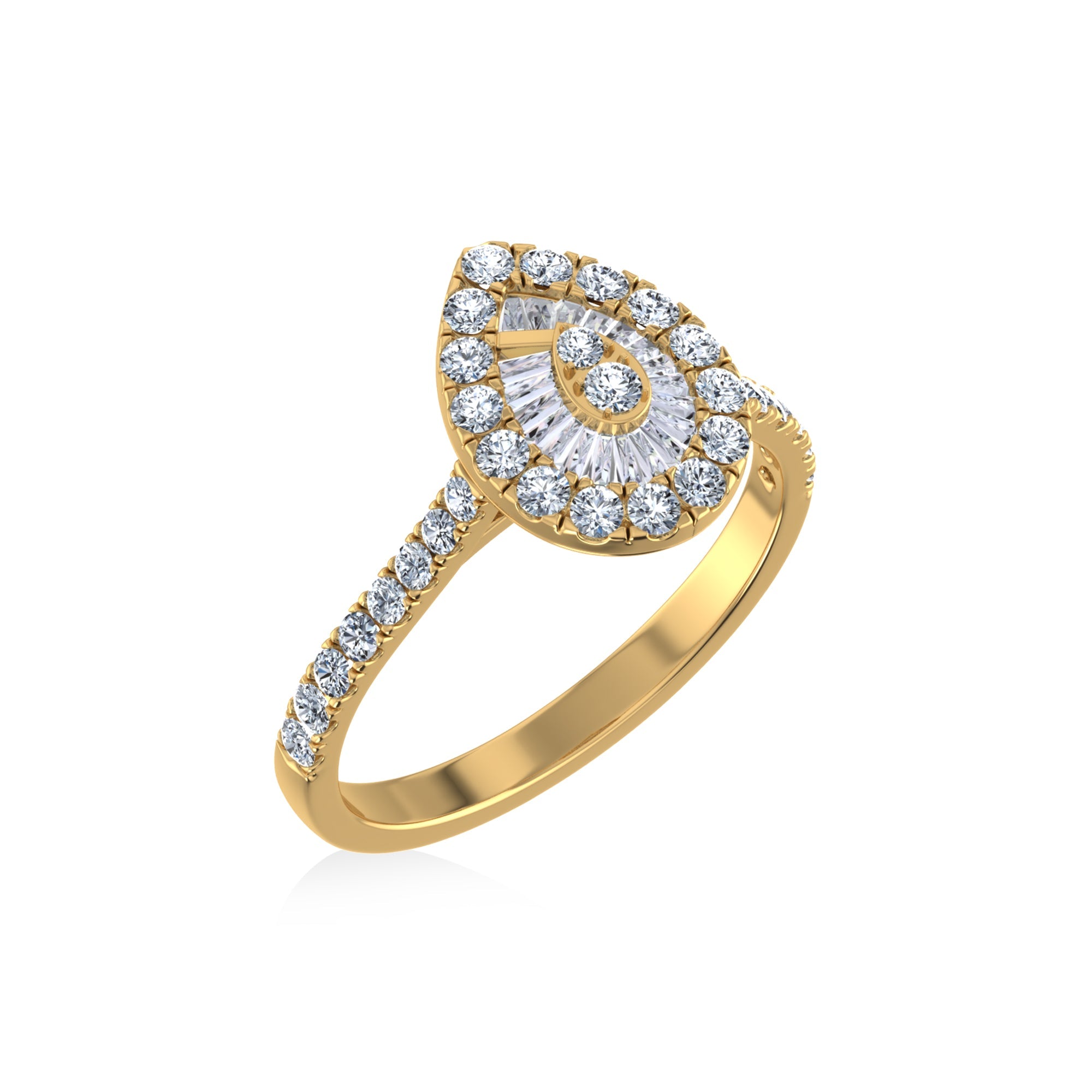 14K Yellow Gold Round Baguette Diamond Pear Shape Womens Designer Ring 3/4 Cttw crafted in 18K gold with brilliant-cut diamonds