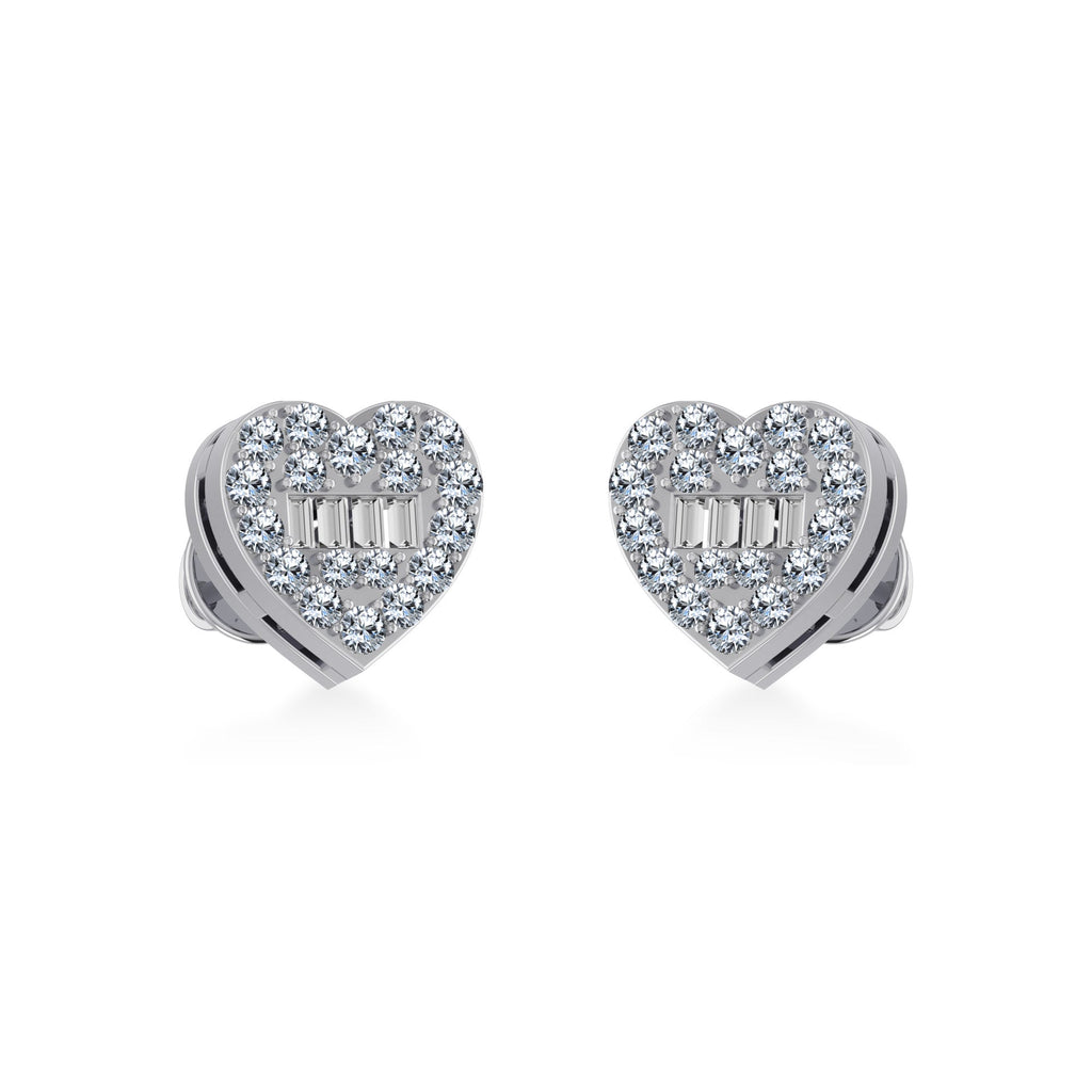 14K White Gold Round Baguette Diamond Heart Shape Cluster Stud Earring 1/5 Cttw