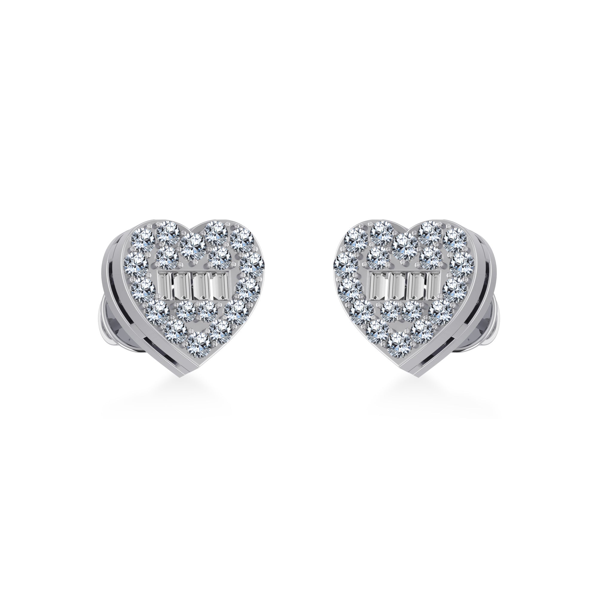 14K White Gold Round Baguette Diamond Heart Shape Cluster Stud Earring 1/5 Cttw