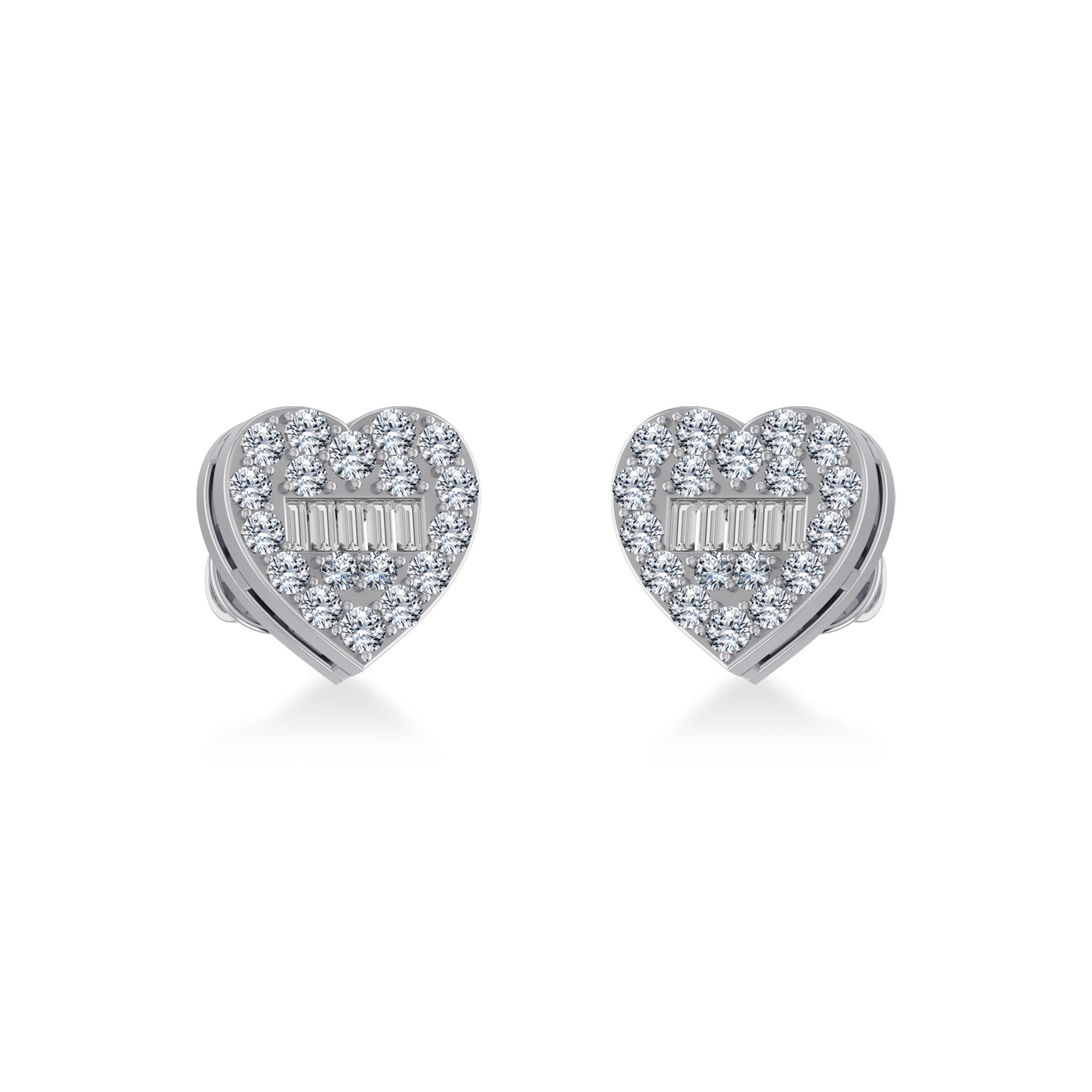 14K White Gold Round Baguette Diamond Heart Shape Cluster Stud EarRing 3/8 Cttw