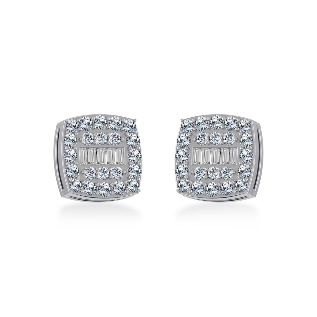 14K White Gold Round Baguette Diamond Square Shape Cluster Stud EarRing 1/2 Cttw