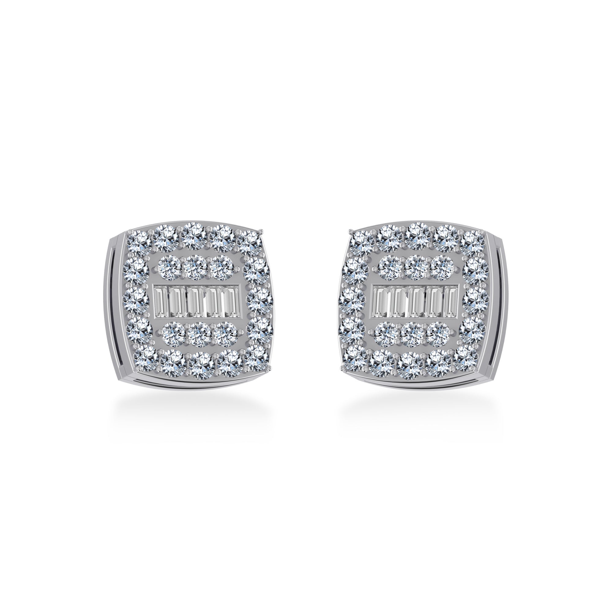 14K White Gold Round Baguette Diamond Square Shape Cluster Stud EarRing 1/2 Cttw