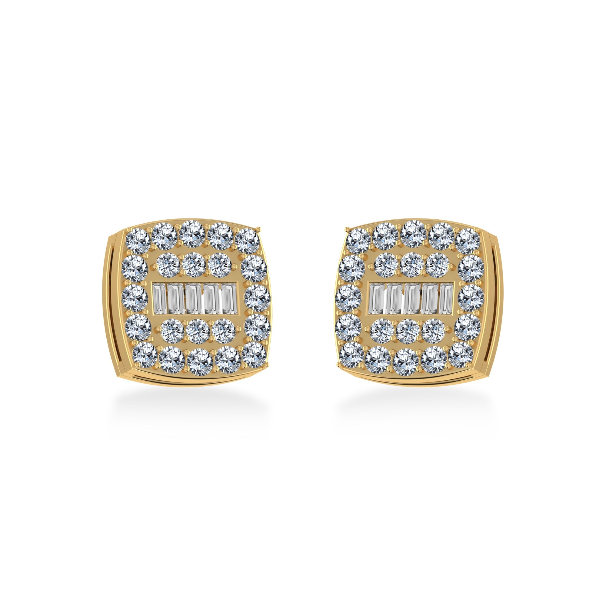 14K Yellow Gold Round Baguette Diamond Square Shape Cluster Stud EarRing 1/2 Cttw