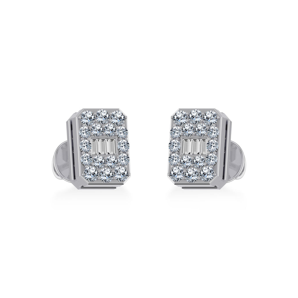 14K White Gold Baguette Diamond Emerald Shape Cluster Stud EarRing 1/5 Cttw