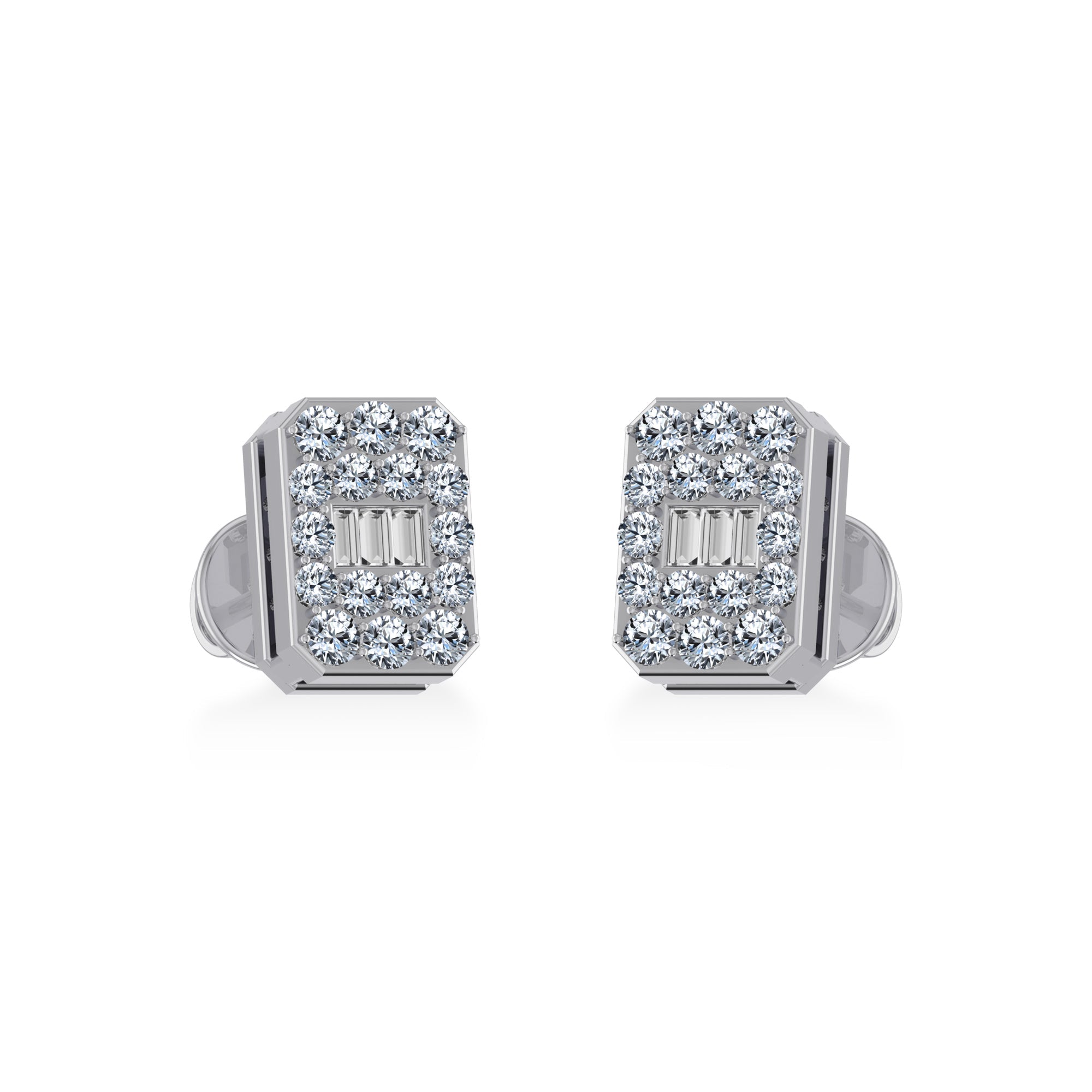 14K White Gold Baguette Diamond Emerald Shape Cluster Stud EarRing 1/5 Cttw