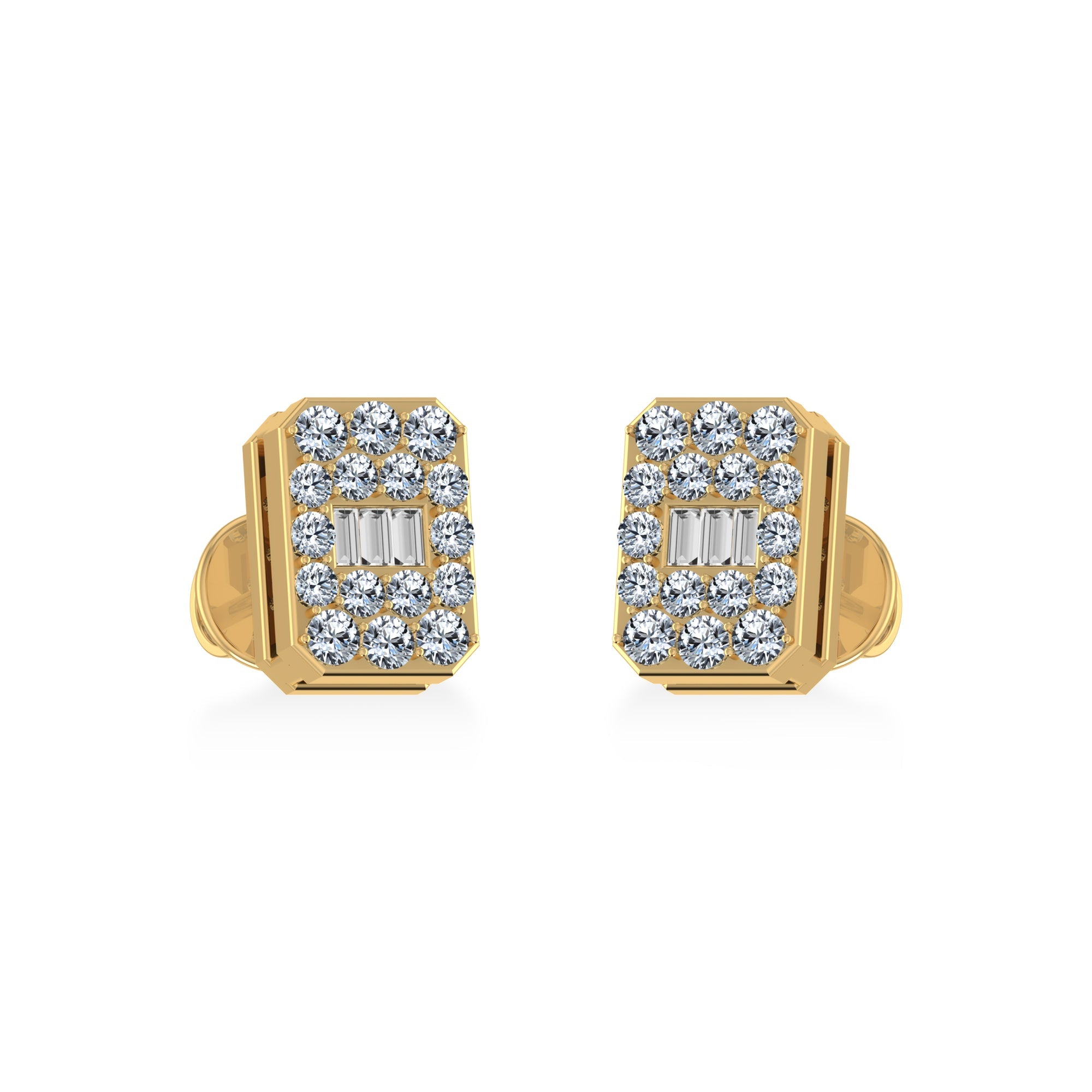 14K Yellow Gold Baguette Diamond Emerald Shape Stud Earrings 1/5 Cttw