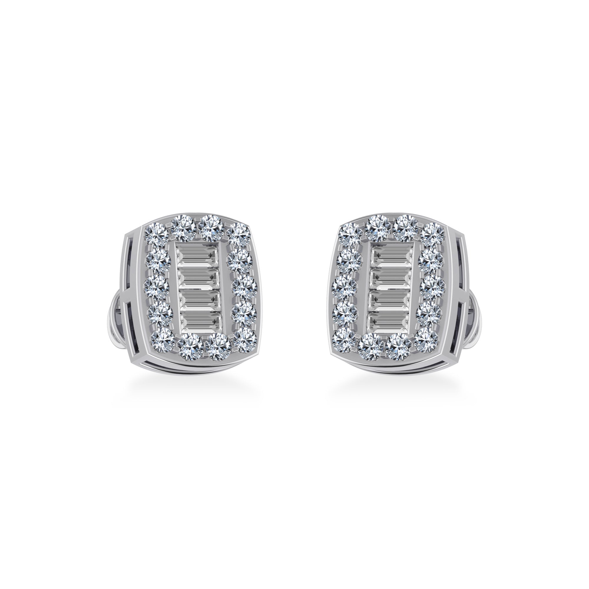 14K White Gold Round Baguette Diamond Stud Earring 3/8 Cttw