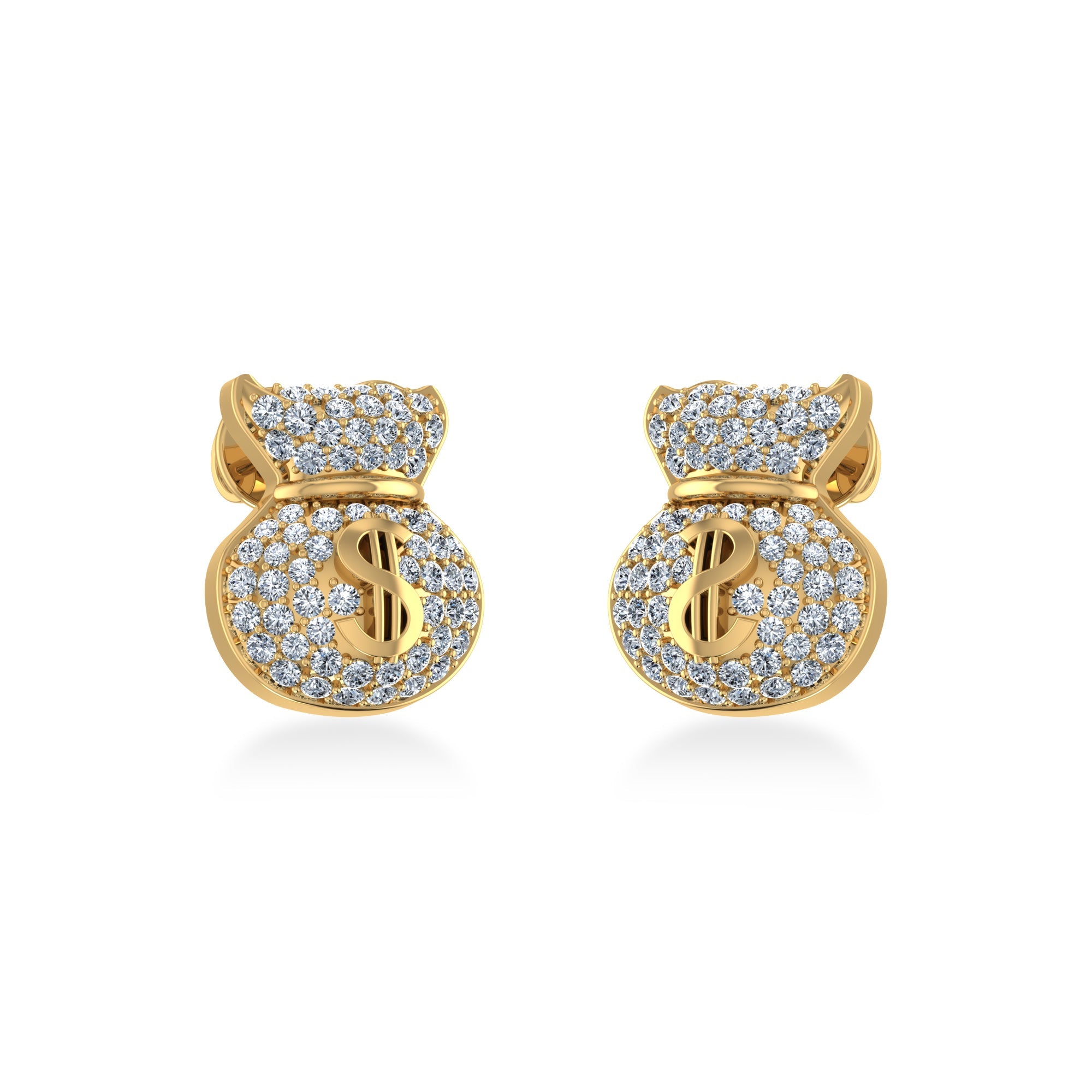14K Yellow Gold Round Diamond Money Dollar Bag Designer Stud Earrings 1/6 Cttw
