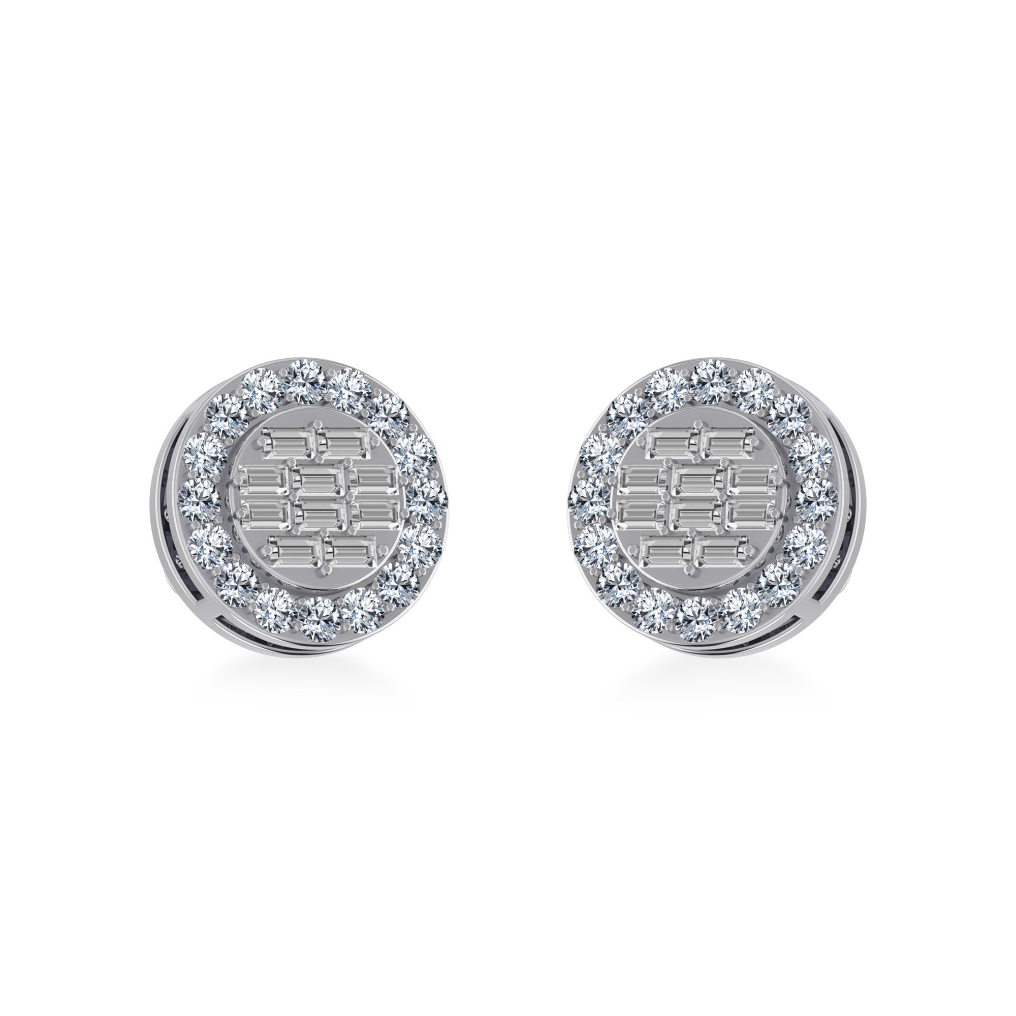 14K White Gold Round Baguette Diamond Halo Stud Earrings 1/2 Cttw