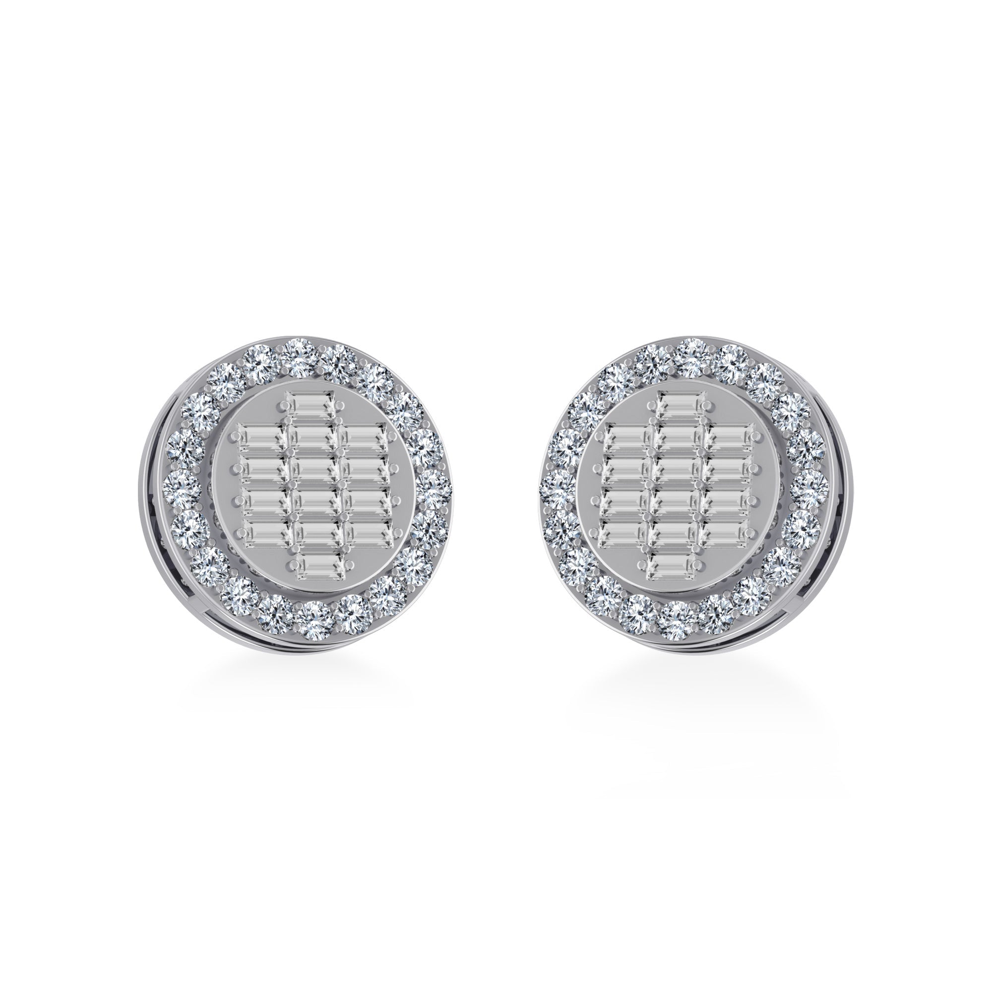 14K White Gold Round Baguette Diamond Halo Stud Earrings 5/8 Cttw