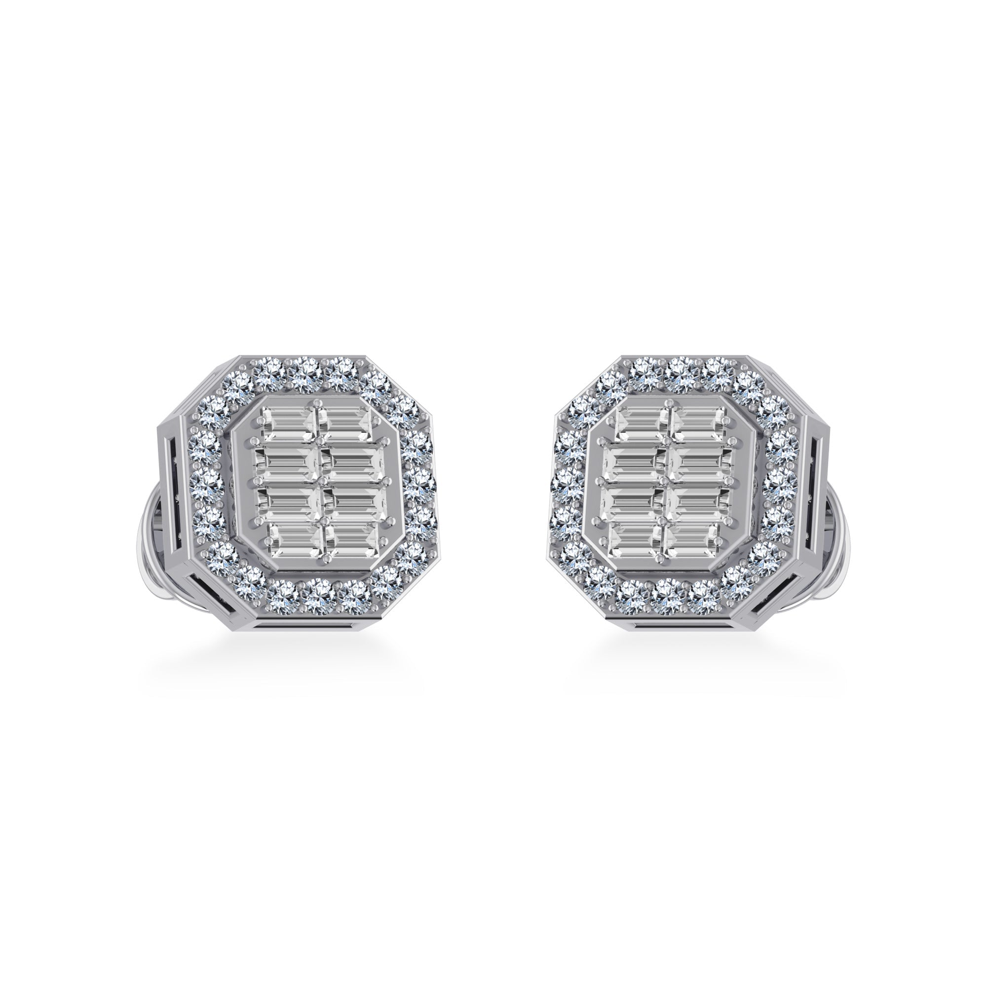 14K White Gold Round Baguette Diamond Stud Earrings 1/4 Cttw