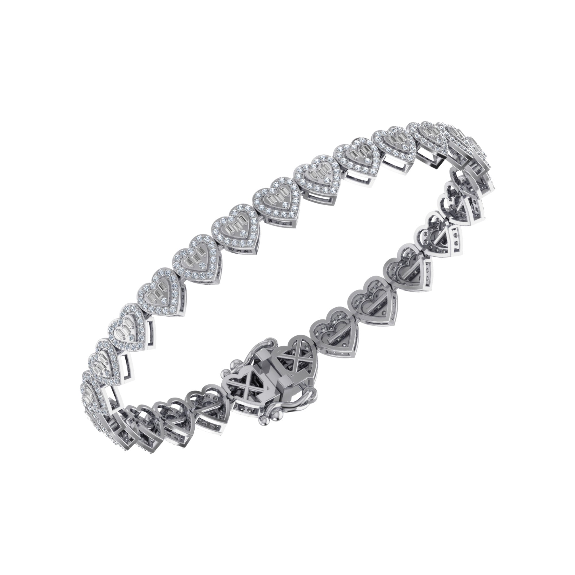 10K White Gold Round Baguette Diamond Heart Designer 7 Inch Bracelet  2-1/6 Cttw crafted in 18K gold with natural diamonds