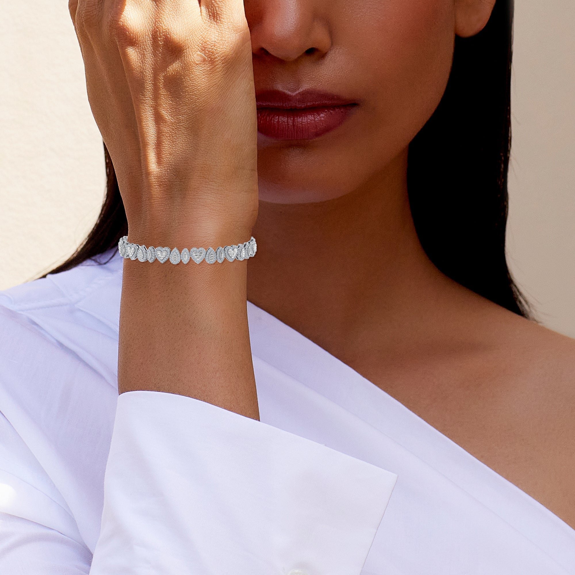10K White Gold Round Baguette Diamond Designer 7 Inch Bracelet  2-3/8 Cttw