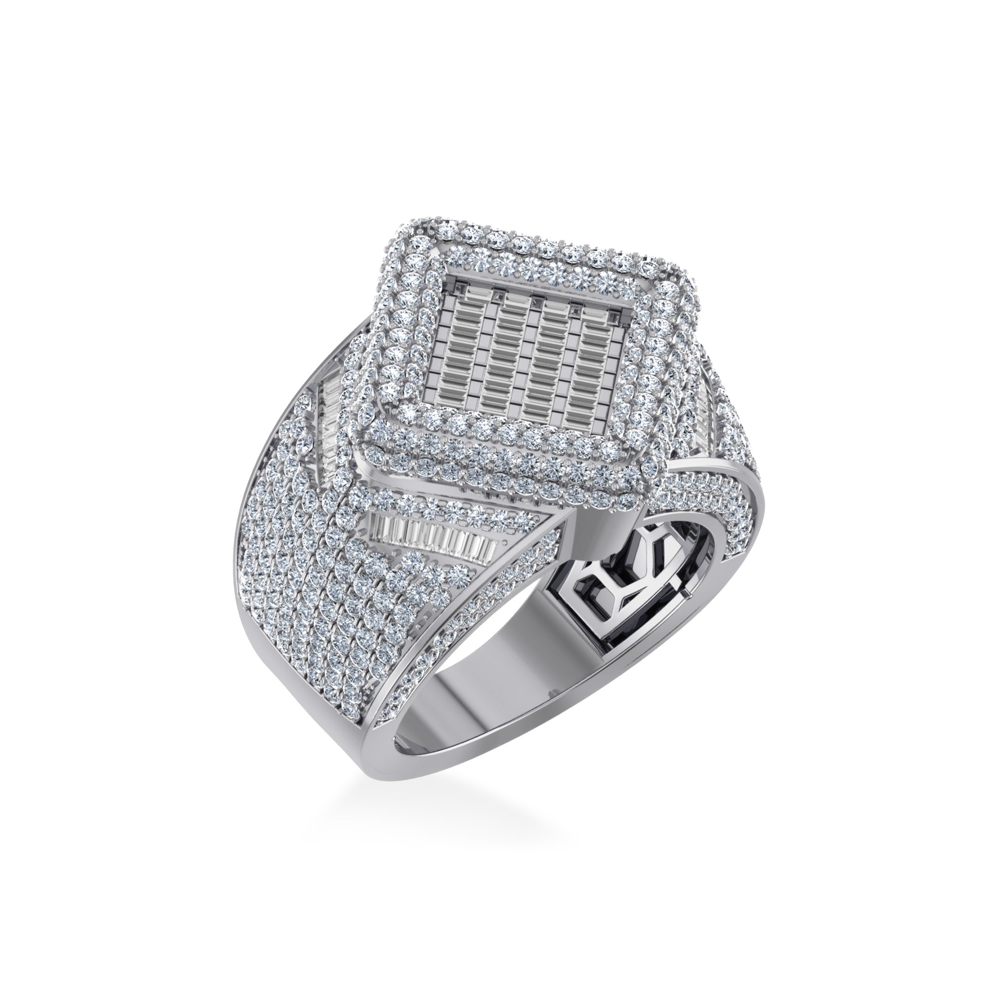 10K White Gold Round Baguette Diamond Designer SZ 10 Mens Ring 4 Cttw crafted in white gold with round brilliant diamonds
