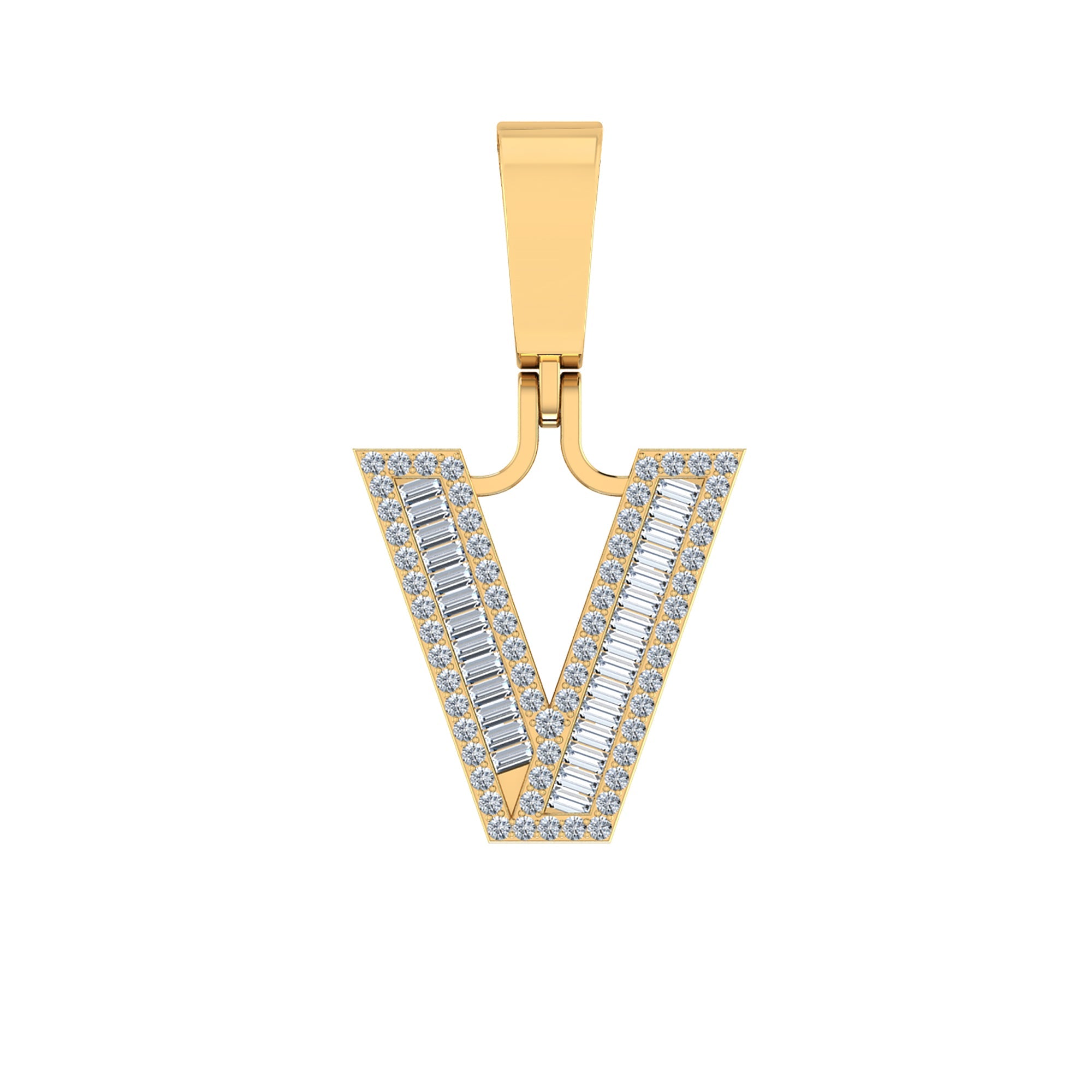 10K Yellow Gold Baguette Diamond Initial V Letter Pendant 1/3 Cttw