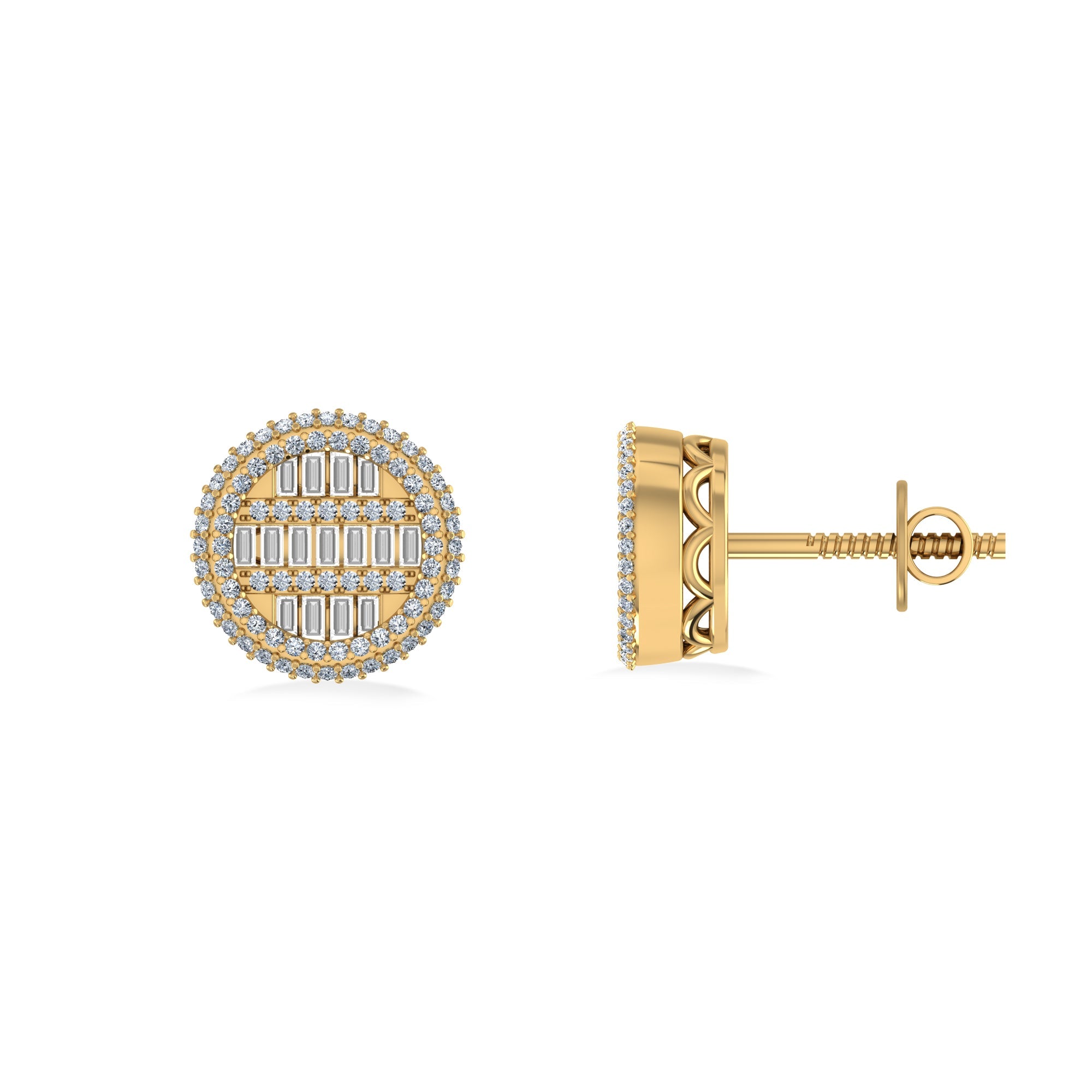 10K Yellow Gold Round Baguette Diamond Designer Mens Stud Earring 1/3 Cttw