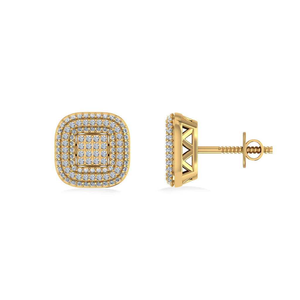 10K Yellow Gold Round Diamond Square Shape Designer Mens Stud Earring 1/4 Cttw