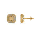 10K Yellow Gold Round Diamond Square Shape Designer Mens Stud Earring 1/4 Cttw