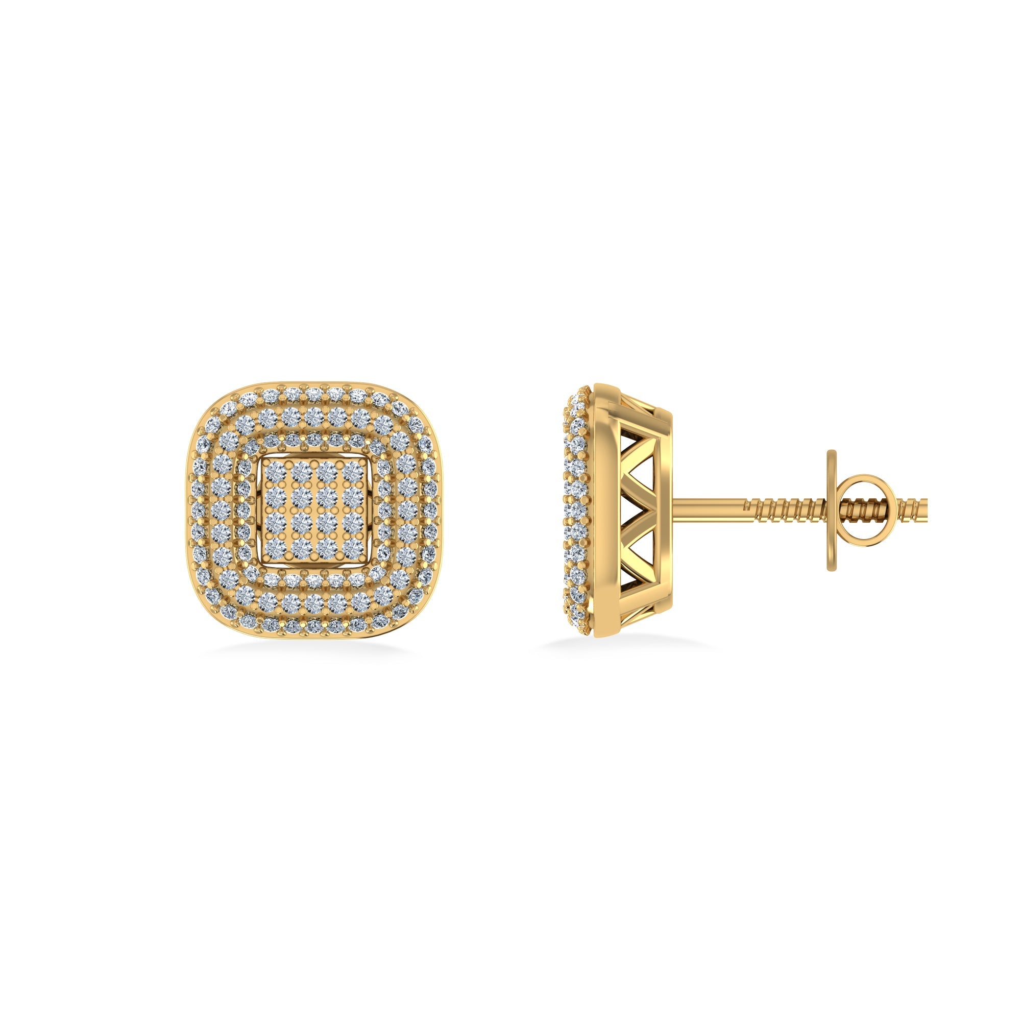 10K Yellow Gold Round Diamond Square Shape Designer Mens Stud Earring 1/4 Cttw