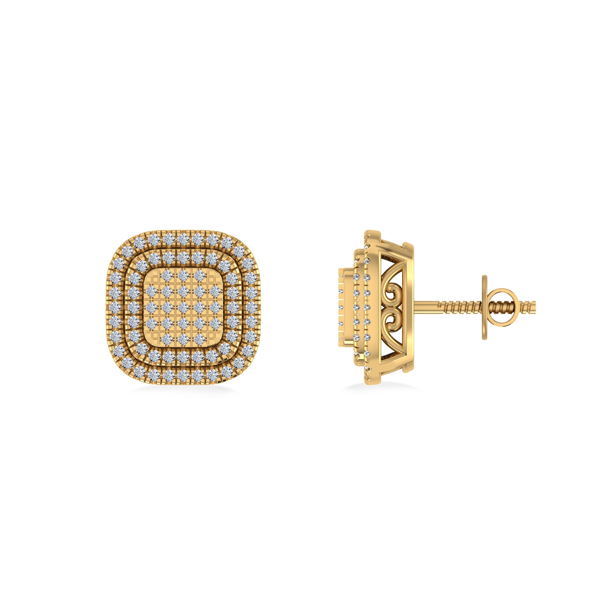 10K Yellow Gold Round Diamond Square Shape Designer Mens Halo Stud Earring 1/3 Cttw crafted in 18K gold with round brilliant diamonds