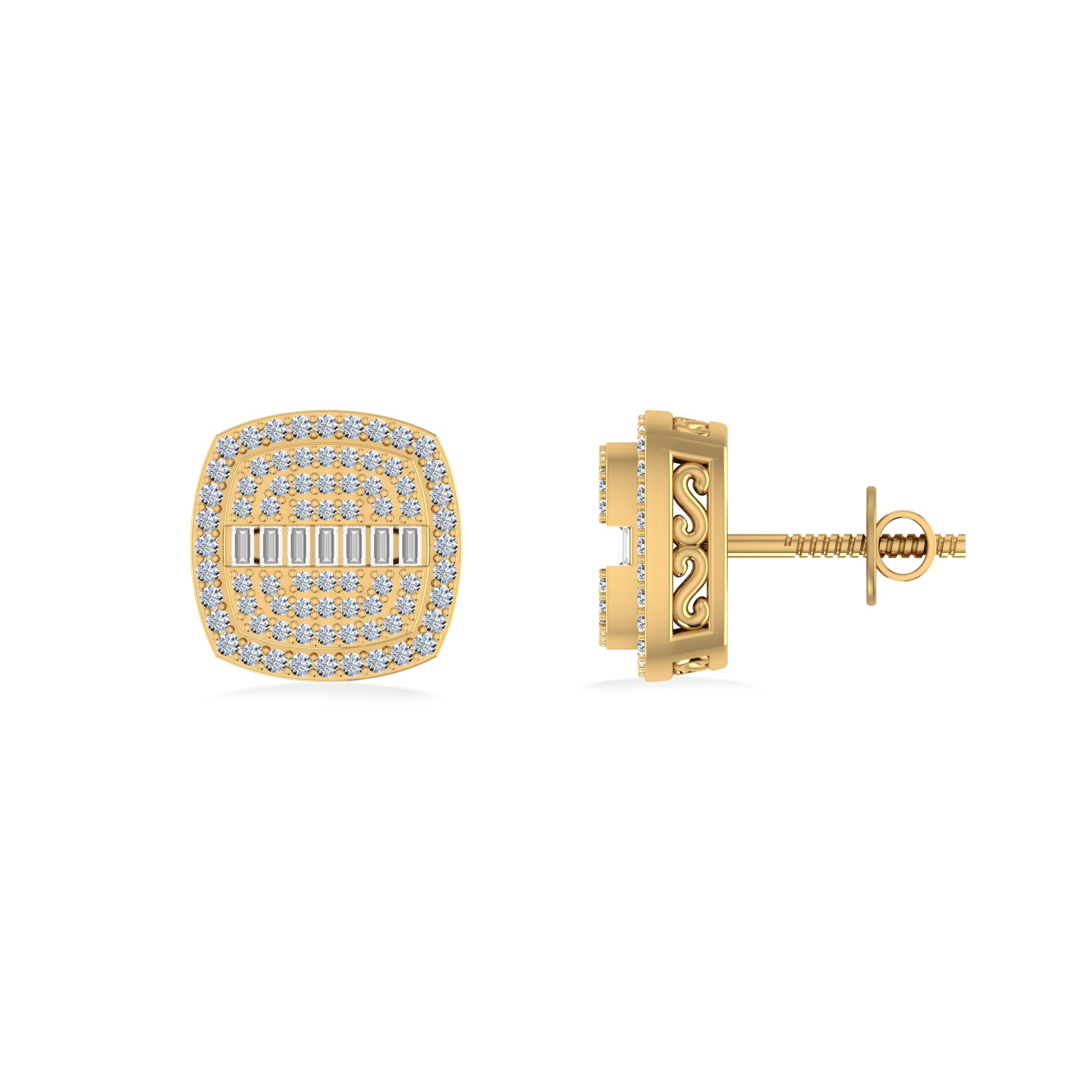 10K Yellow Gold Round Baguette Diamond Square Shape Designer Mens Stud Earring 1/3 Cttw