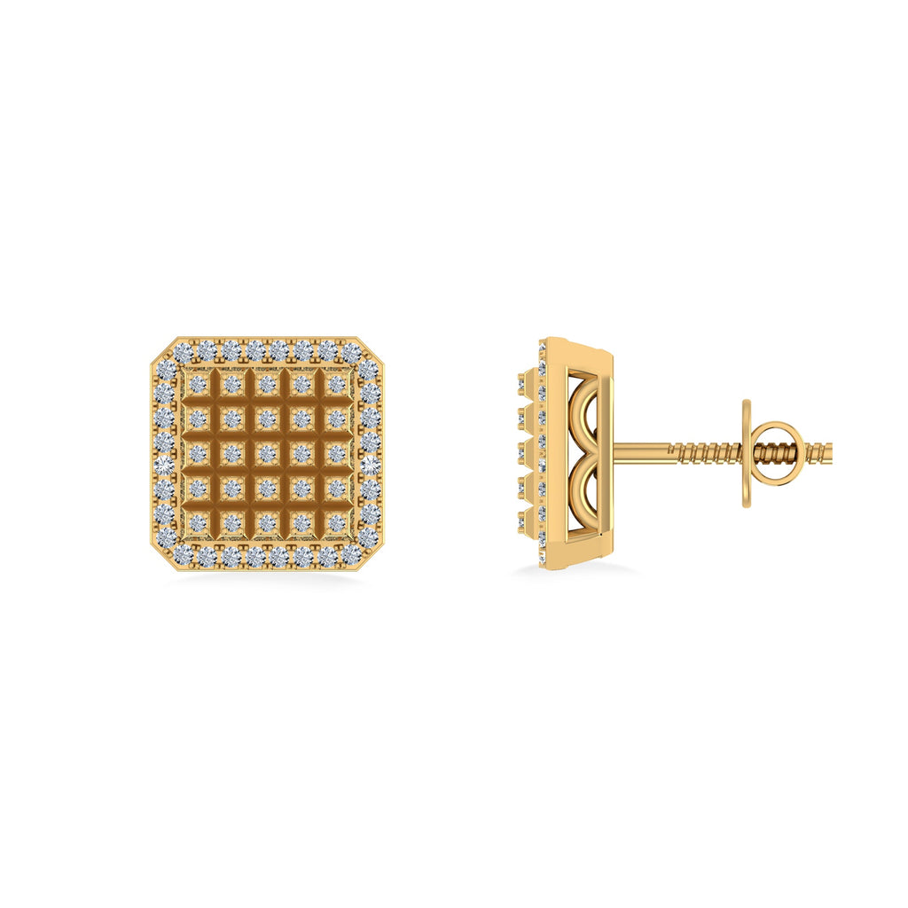 10K Yellow Gold Round Diamond Square Shape Designer Mens Stud Earring 1/5 Cttw