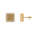 10K Yellow Gold Round Diamond Square Shape Designer Mens Stud Earring 1/5 Cttw