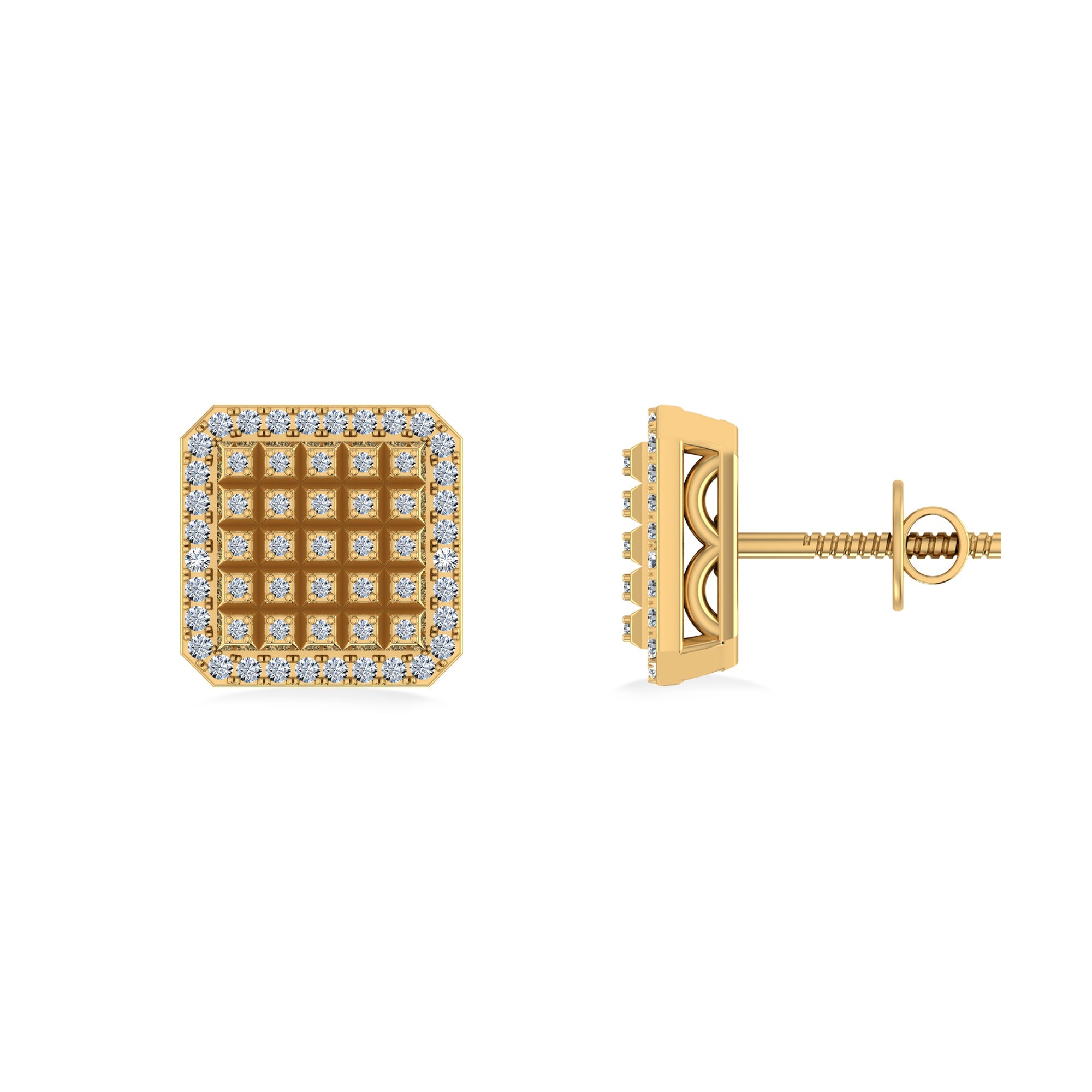 10K Yellow Gold Round Diamond Square Shape Designer Mens Stud Earring 1/5 Cttw