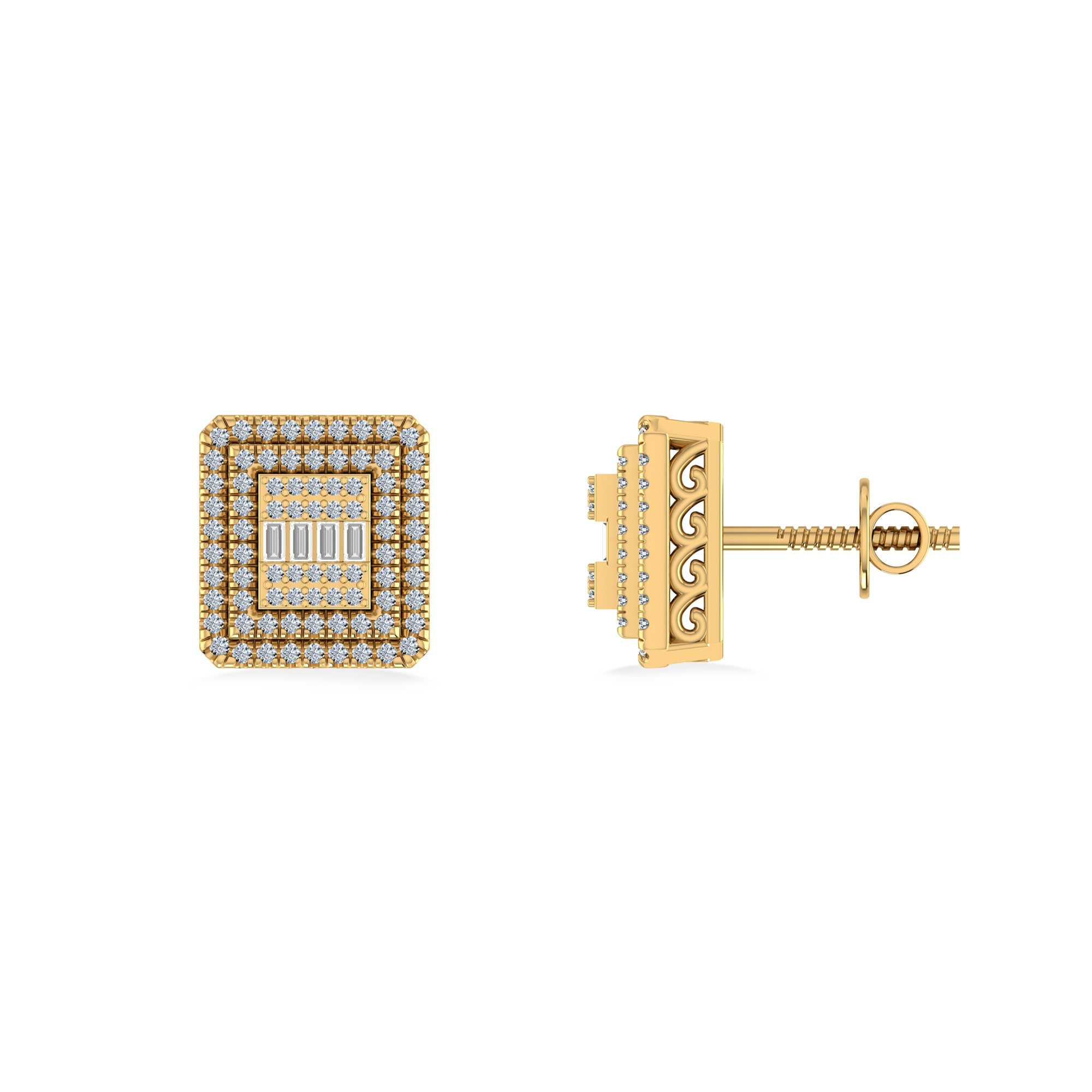 10K Yellow Gold Round Baguette Diamond Square Shape Designer Mens Stud Earring 3/8 Cttw crafted in white gold with natural diamonds
