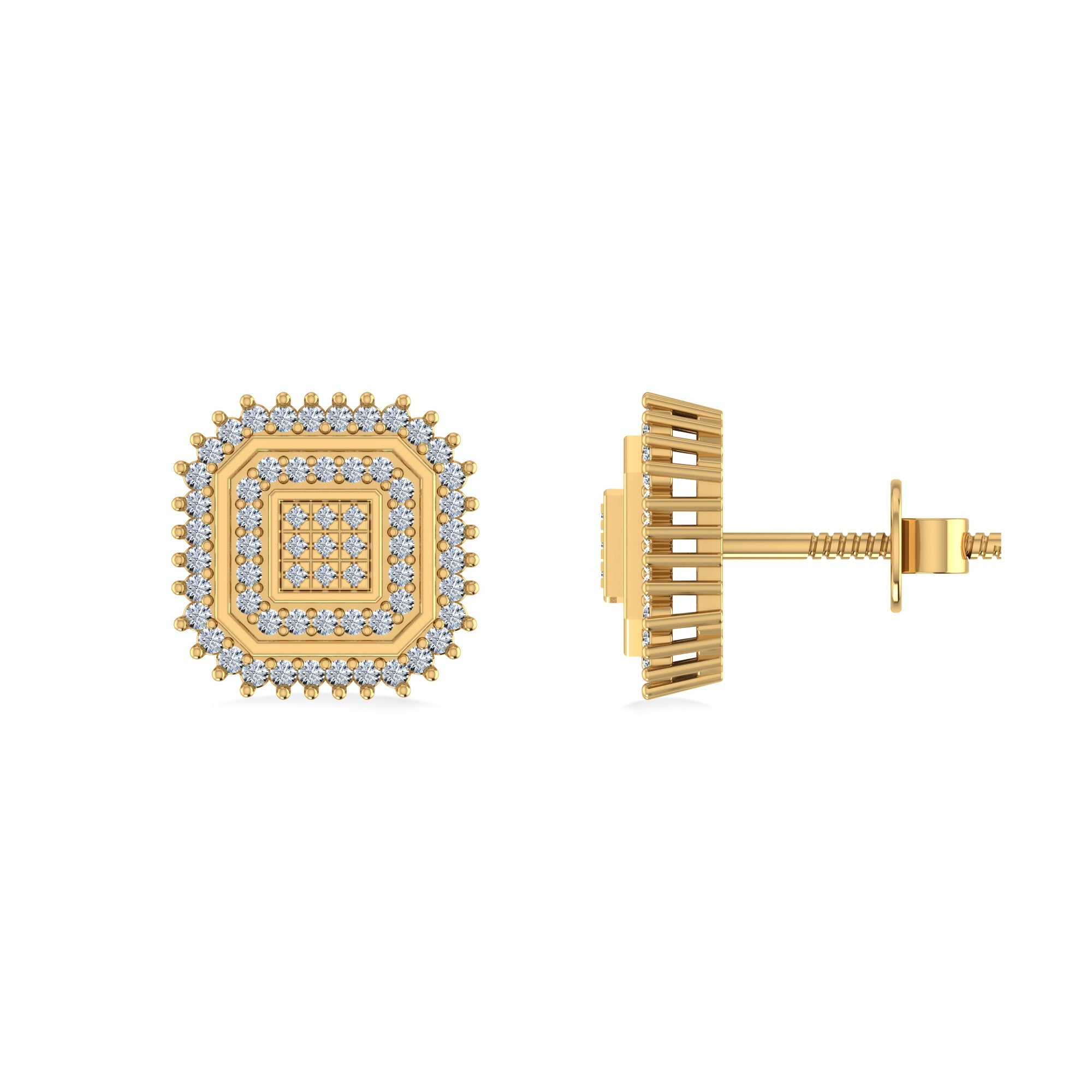 10K Yellow Gold Round Diamond Square Shape Designer Mens Stud Earring 1/5 Cttw crafted in white gold with natural diamonds