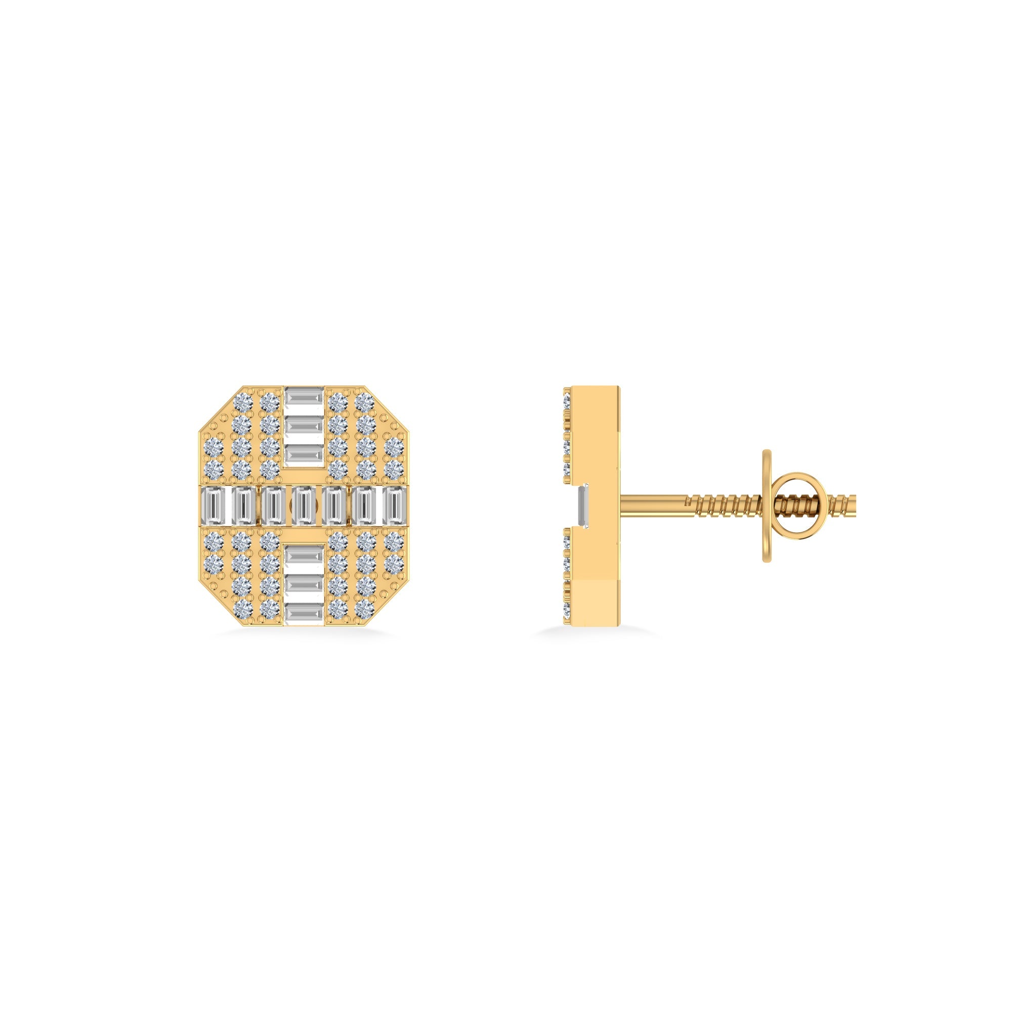 10K Yellow Gold Round Baguette Diamond Designer Mens Stud Earring 1/3 Cttw