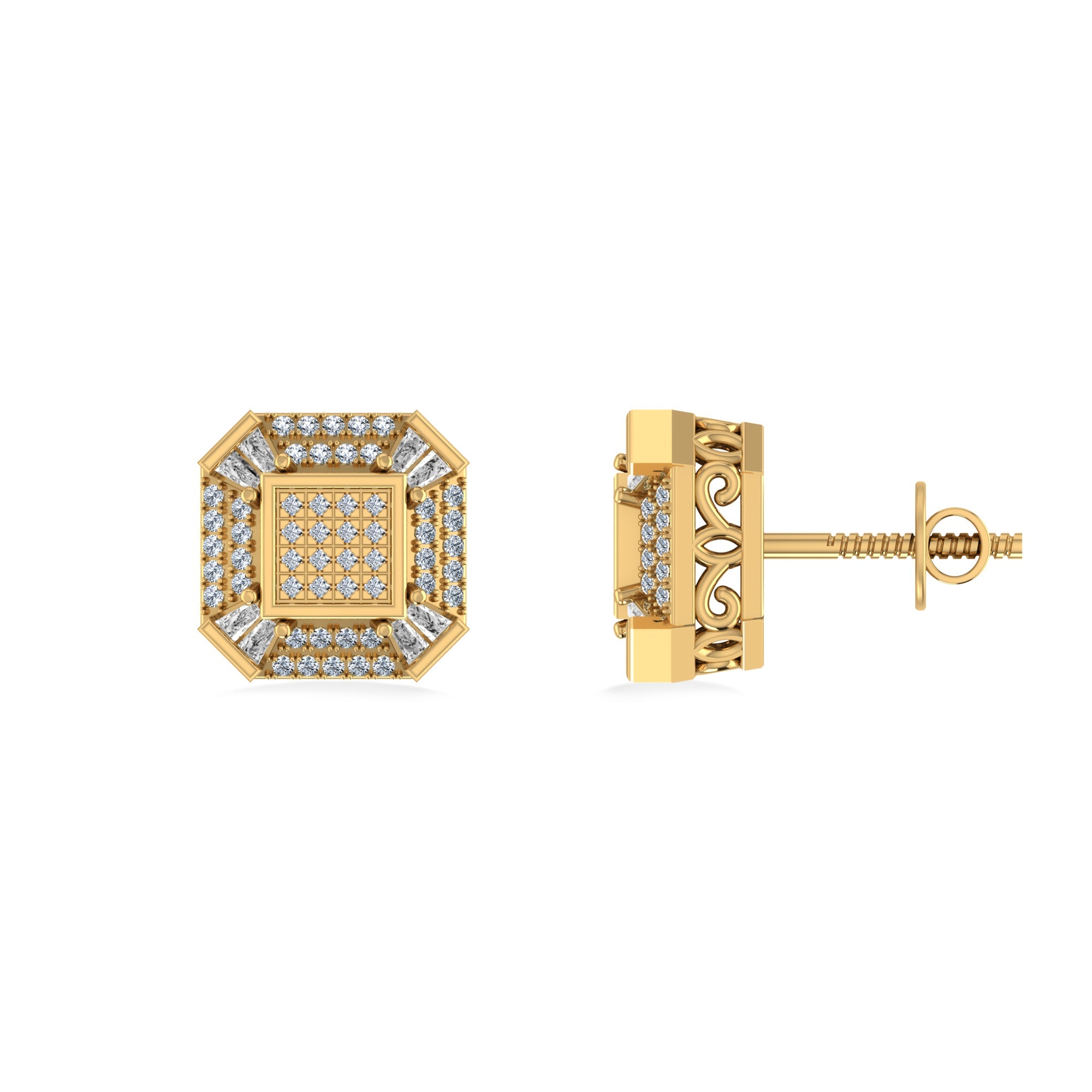 10K Yellow Gold Round Baguette Diamond Designer Mens Stud Earring 1/4 Cttw crafted in 18K gold with natural diamonds
